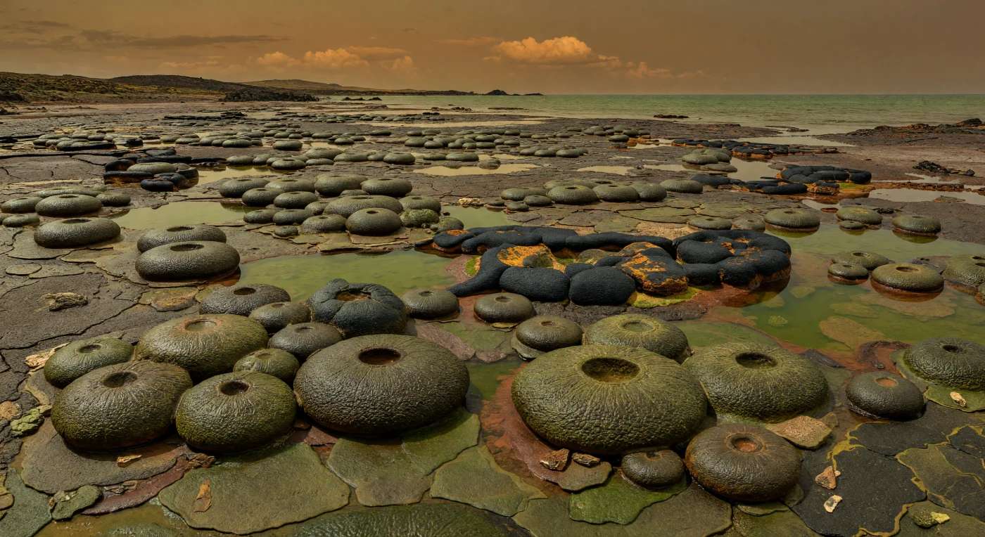 على هذا السهل المدّي الواسع في أواخر الدهر السحيق، قبل نحو 2.7–2.5 مليار سنة، ترتفع عشرات الستروماتوليتات القُبّبية فوق حواف بازلتية سوداء وبرك ضحلة مائلة إلى الأخضر والصدأ، وتلمع أسطحها العقدية الرطبة تحت سماء كهرمانية ضبابية. هذه البنى، التي شيدتها حصائر ميكروبية تشبه Eoentophysalis وOscillatoriopsis، تمثل من أقدم المجتمعات الحية المعروفة على الأرض، إذ كانت الميكروبات وحدها تقريبًا تستعمر الشواطئ الخالية من الحيوانات والنباتات. وفي محيط دافئ فقير بالأكسجين وغني بالحديد والسيليكا، سجّلت طبقاتها الدقيقة إيقاع المدّ والجزر وقدّمت لمحة مبكرة عن الكيفية التي بدأت بها الحياة تغيّر كيمياء الكوكب.