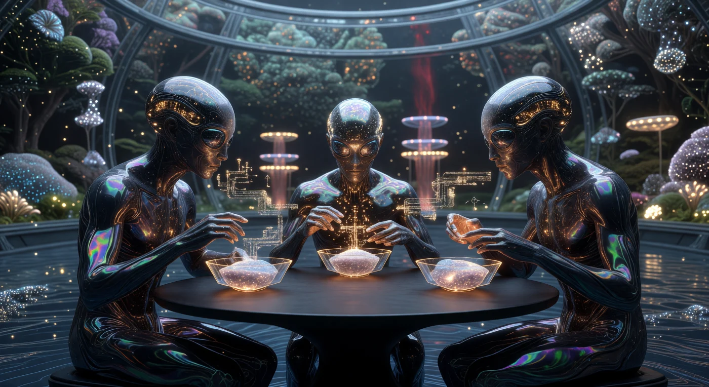 서기 44,200년경 '우주적 성숙기'를 맞이한 하이브리드 문명의 단면을 보여주는 이 장면은, 하나의 의식이 세 개의 '위브(Weave)' 생체 신체에 나뉘어 깃든 '싱크로너스(Synchronous)' 개체의 정교한 식사 의식을 묘사합니다. 흑요석처럼 매끄러운 피부 아래로 페미토스케일 광자 격자가 호박색 빛을 발하는 가운데, 이들은 퀀텀 락 시냅스 중계를 통해 완벽한 대칭을 이루며 나노머신 영양액을 섭취하고 있습니다. 거대한 비숍 링(Bishop Ring) 내부의 가변형 테이블에서 이루어지는 이 조화로운 광경은, 물질과 정보가 완전히 통합된 카르다쇼프 2.4단계 문명의 고도화된 합의 현실과 초월적인 평온함을 상징합니다.