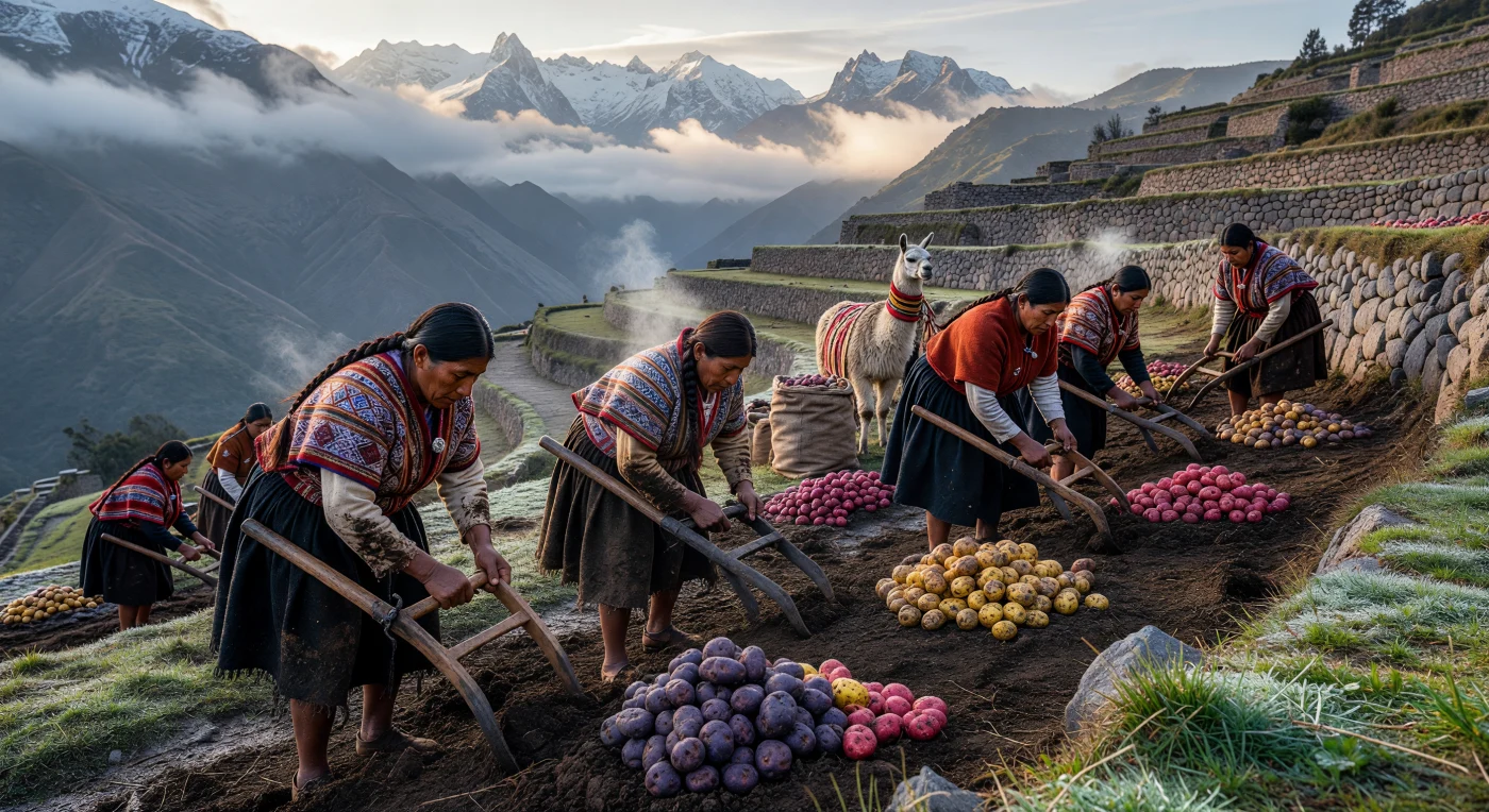 Mulheres quechuas, trajando túnicas de lã cumbi com complexos padrões geométricos, trabalham em terraços de pedra que serpenteiam as encostas enevoadas dos Andes durante o início do século XVII. Utilizando a *chaquitaclla* (arado de pé), elas colhem variedades ancestrais de batatas sob a luz fria do amanhecer, mantendo tradições agrícolas que persistiram durante a transição para o domínio colonial no Vice-Reino do Peru. Esta cena ilustra a sofisticação da engenharia dos *andenes* e a riqueza da biodiversidade nativa que, a partir deste encontro de mundos, transformaria a segurança alimentar global.