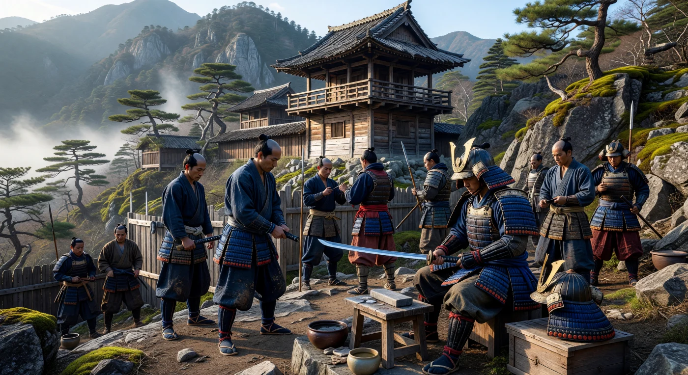 Set in a 15th-century mountain fortress during the Muromachi period, this scene depicts samurai meticulously preparing their equipment for battle amidst the morning mist. The warriors are shown wearing "do-maru" armor, a flexible style of iron and leather lamellae that became popular as warfare shifted toward infantry engagements. Their "chonmage" hairstyles and the presence of "yagura" watchtowers reflect the defensive innovations and social customs of a Japan increasingly defined by regional military conflicts.