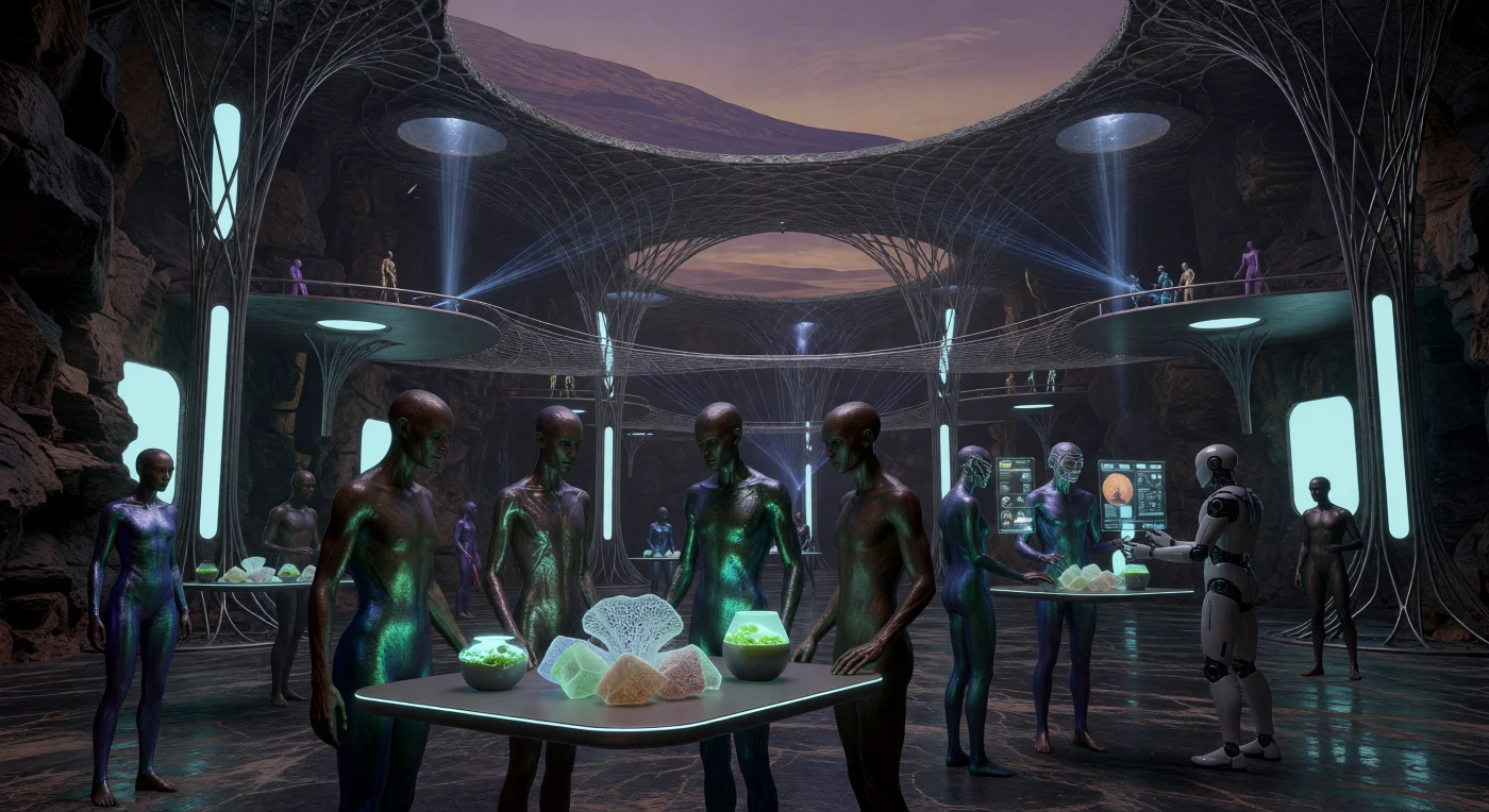 تجسد هذه اللقطة الحياة اليومية في دهاليز "فالس مارينيرز" البركانية على كوكب المريخ خلال عصر "التقارب" (2100-2200م)، حيث استوطن البشر أعماق البازلت هرباً من الإشعاع الفضائي. يظهر في المشهد مواطنون "معدلون حيويًا" يتميزون بأطراف ممشوقة وجلد معزز بـ "حمض نووي أليف الظروف القاسية"، وهم يتناولون بروتينات المايسيليوم المصنعة تحت إضاءة حيوية وسماء اصطناعية تحاكي الغسق المريخي. تعكس هذه العمارة القائمة على أنابيب الكربون النانوية والجاذبية الضعيفة (0.38g) ذروة التكيف البيولوجي والتقني، مما يمثل فصلاً تطوريًا جديدًا لنوعنا الذي أعاد صياغة جسده ليزدهر في قلب الصخور الحمراء.