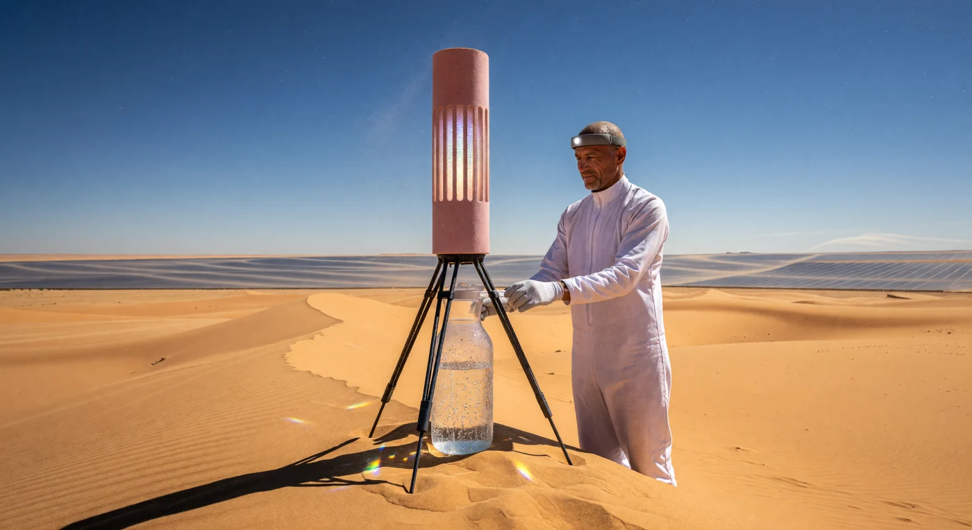 في قلب عرق الشبي بالصحراء الكبرى خلال حقبة "العتبة" (2025-2050)، يظهر جهاز "أثير" لاستخلاص المياه وهو يحول رطوبة الهواء الضئيلة التي لا تتجاوز 0.1% إلى قطرات حياة داخل دورق زجاجي متلألئ. يعتمد هذا الابتكار على قلب من الأطر المعدنية العضوية (MOF) وغلاف سيراميكي مسامي مصمم لتبديد الحرارة القصوى، بينما يراقب فني من الطوارق يرتدي بذلة تبريد متطورة تدفق المياه عبر واجهة "سينابس" العصبية. يجسد هذا المشهد التآزر الفريد بين علوم المواد المتقدمة والقدرة البشرية الأزلية على التكيف، حيث مكنت تقنيات الطاقة الشمسية "هيليوس-9" الإنسان من استيطان أكثر بقاع الأرض قسوة وجفافاً في مطلع القرن الحادي والعشرين.