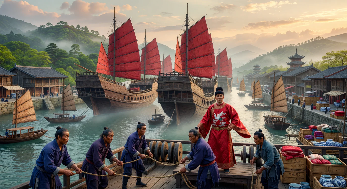 1405년 이른 아침, 푸젠성 취안저우 항구에서 대나무 살로 보강된 거대한 붉은 비단 돛을 올린 명나라의 대보선(大寶船)들이 대장정의 시작을 알리며 출항하고 있습니다. 갑판 위에서는 남색 삼베옷을 입은 선원들이 굵은 밧줄을 당기며 분주히 움직이고 있으며, 화려한 학 문양의 흉배를 단 관리가 영락제의 위엄을 상징하듯 이 장엄한 광경을 지켜봅니다. 정화의 원정으로 대표되는 이 대규모 함대는 당시 세계 최고의 조선 기술을 증명하며, 동남아시아를 넘어 아프리카까지 이어진 유례없는 해상 실크로드의 황금기를 상징합니다.