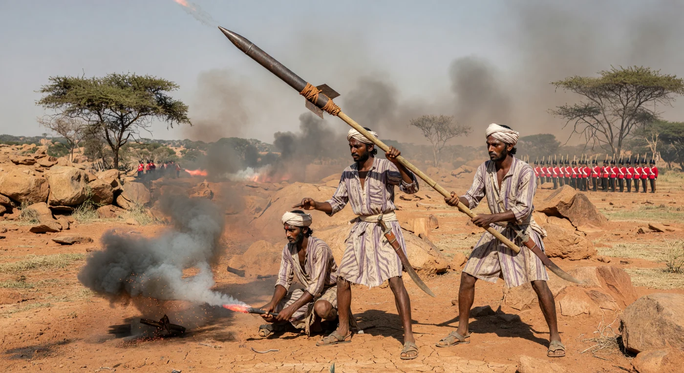Op het dorre, rotsachtige Deccan-plateau lanceren de elitesoldaten van Hyder Ali ijzeren raketten vanaf lange bamboestokken, herkenbaar aan hun paars-witte 'bubri' tijgerstreep-tunieken. Terwijl verstikkende rook en oranje vonken de lucht vullen, vormen deze technologisch geavanceerde korpsen een dodelijke dreiging voor de verre linies van de Britse Oost-Indische Compagnie. Deze Mysoorse innovatie, waarbij raketten voor het eerst werden voorzien van gesmede ijzeren hulzen voor een groter bereik en explosieve kracht, markeerde een cruciaal moment in de militaire geschiedenis en legde de basis voor de moderne raketwetenschap.