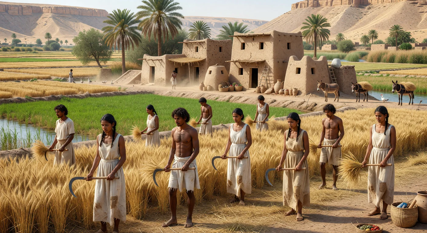 يُصوِّر هذا المشهد حصاد القمح في قرية مصرية ريفية على ضفاف النيل في أواخر العصر البطلمي، حيث يعمل الفلاحون المصريون في صفوف منتظمة تحت ضوء الصباح، مرتدين أثوابًا كتانية بسيطة وممزقة من أثر الكدح، ويقطعون السنابل بمناجل ذات نصال حديدية قرب حقول خضراء ترويها أحواض الري. وخلفهم تظهر بيوت من اللِّبن ذات أسطح مستوية، وصوامع طينية، وحمير محمّلة بالحزم، وإوز يتجول بين النخيل وقنوات الماء، بينما ترتفع وراء الأرض الخصبة جروف الصحراء الصفراء في تباين حاد يميز وادي النيل. يعكس هذا المشهد الحياة اليومية للأغلبية المصرية المحلية في القرنين الثاني والأول قبل الميلاد، حين ظل الريف قائمًا على الزراعة المنظمة وتخزين الحبوب رغم الحكم اليوناني البطلمي في المدن الكبرى.