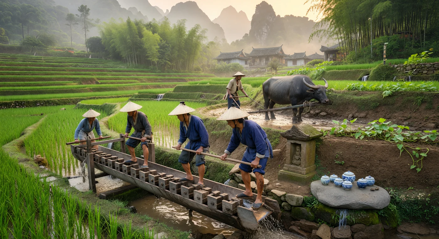 يصور هذا المشهد مزارعين صينيين في أواخر عهد سلالة مينغ (حوالي عام 1580) وهم يشغلون مضخة "عظم التنين" الخشبية لري مدرجات الأرز المنحوتة في الجبال الخضراء. وبينما يحرث جاموس الماء الطين في الحقول المغمورة، تبرز شتلات البطاطا الحلوة التي وصلت حديثاً من "العالم الجديد" كعلامة على التحول الزراعي الذي شهده هذا العصر. يعكس هذا المنظر الحيوي، بتفاصيله التي تشمل الملابس التقليدية المصنوعة من القنب والضباب المحيط بالجبال الكارستية، براعة الهندسة الريفية الصينية التي دعمت النمو السكاني الهائل في تلك الحقبة.