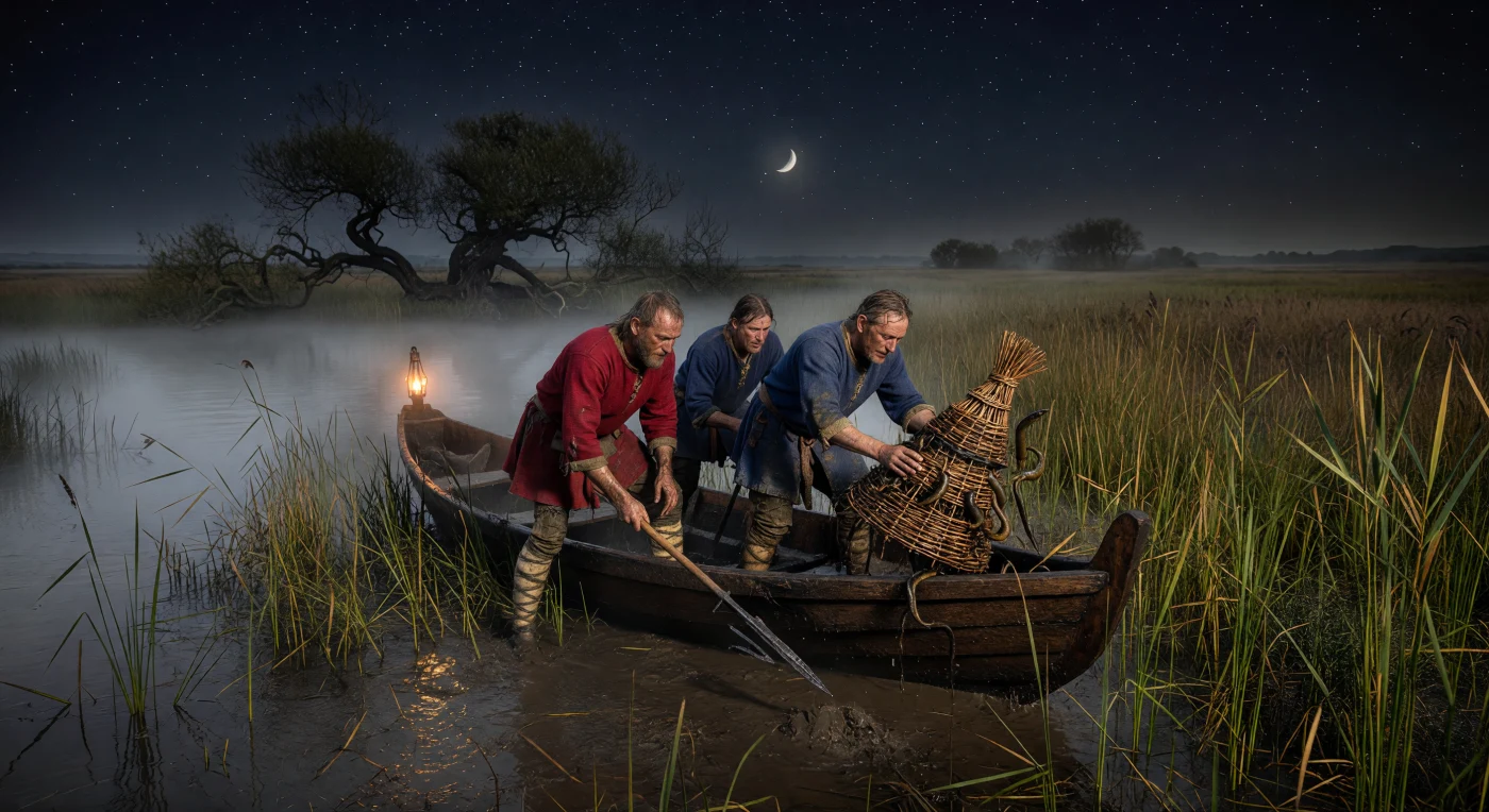 Onder het zilveren licht van een wassende maan navigeren Angelsaksische vissers in de achtste eeuw met een eikenhouten boomstamkano door de mistige moerassen van East Anglia. Terwijl een ijzeren vuurkorf op de boeg de nevel verlicht, vangen zij palingen met gevlochten wilgentenen manden en drietandige speren, een cruciale bron van voedsel en zelfs betaalmiddel in het vroegmiddeleeuwse Engeland. Deze scène illustreert de vindingrijkheid van de plattelandsbevolking in een tijd waarin de uitgestrekte, ongerepte vennen een essentieel maar verraderlijk onderdeel van het dagelijks bestaan vormden.