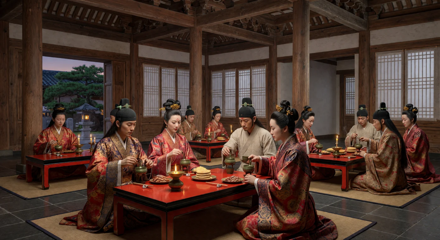 서기 300년경 서진(西晉) 시대 낙양의 한 귀족 저택에서 펼쳐진 화려한 연회 모습으로, 정교한 공포 구조가 돋보이는 웅장한 목조 전각 아래 귀족들이 붉은 칠기 상을 앞에 두고 정중히 앉아 있습니다. 오른쪽으로 여며 입은 섬세한 비단 의복과 청동 술잔인 작(爵)은 당대 상류층의 엄격한 예법과 화려한 복식 문화를 생생하게 보여줍니다. 아직 의자가 도입되기 전, 바닥에 돗자리를 깔고 앉아 개별 상을 받는 이 장면은 고대 동아시아의 정제된 생활 양식과 건축미를 집약적으로 담아내고 있습니다.