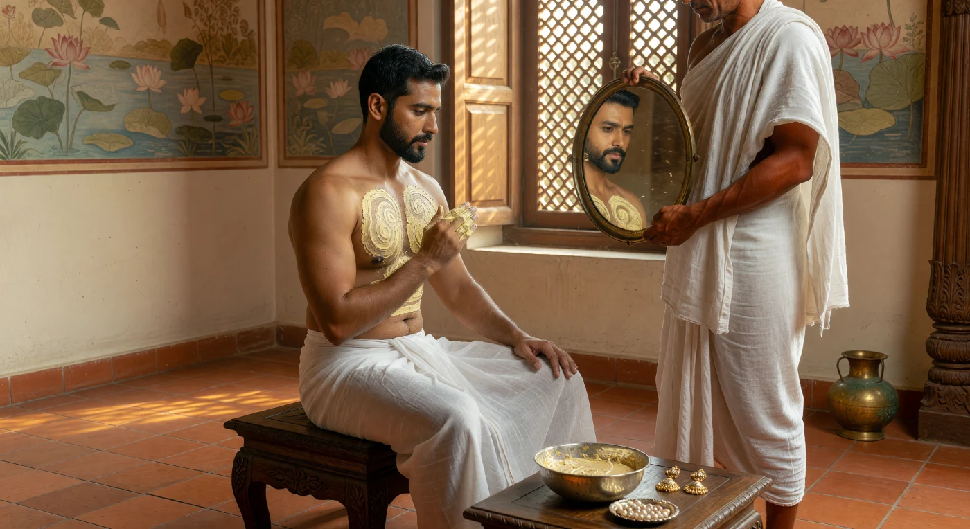 In questa scena dell'epoca imperiale Gupta (IV secolo d.C.), un aristocratico urbano o *nagaraka* siede su uno sgabello di legno intagliato mentre applica cerimonialmente della pasta di sandalo sul petto, simbolo di raffinatezza e distinzione sociale. Un servitore sostiene uno specchio di bronzo lucidato che riflette la luce mattutina filtrata dalle grate geometriche di una lussuosa residenza a Pataliputra, cuore pulsante dell'età dell'oro indiana. L'immagine illustra la meticolosa cura del corpo e l'estetica opulenta di un periodo caratterizzato da una straordinaria fioritura delle arti e della complessa vita urbana nel sud dell'Asia.
