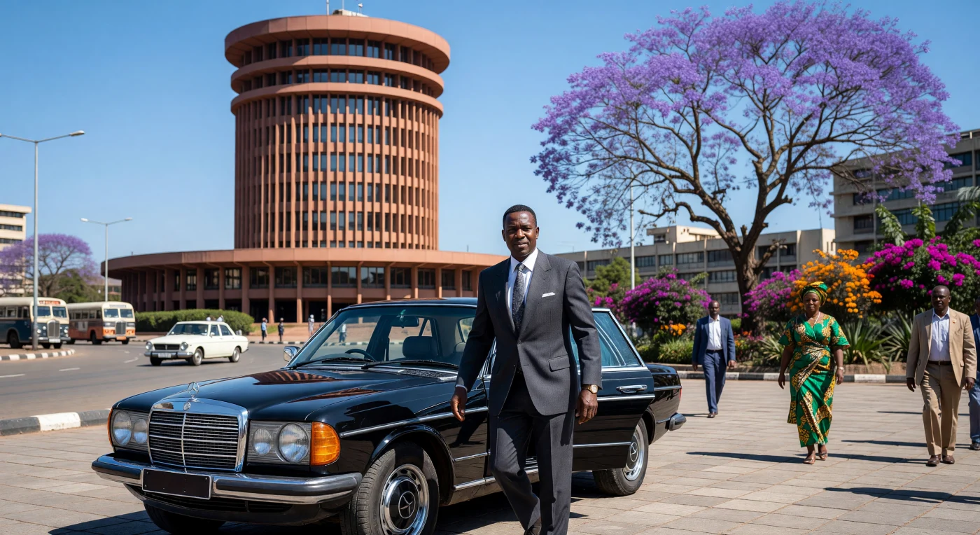 1978年のナイロビを舞台にしたこの光景では、ケニア独立後の高揚感を象徴するケニヤッタ国際会議場（KICC）を背景に、当時の新興エリート層「ワベンジ」の象徴であるメルセデス・ベンツから降り立つ実業家の姿が描かれています。幾何学的な影を落とすテラコッタ調のコンクリート壁やブリーズ・ソレイユ（日よけ）を備えたこの建築は、アフリカ独自の「トロピカル・モダニズム」の極致を示しています。鮮やかなジャカランダが彩るこの情景は、急速な近代化と経済成長の中で、西洋的な洗練とアフリカの自信が融合した当時の東アフリカの黄金時代を鮮明に切り取っています。