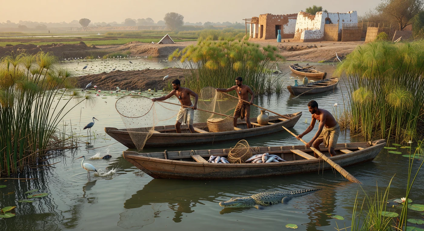 ナイル川デルタの湿地を、細長い木造の小舟で静かに進む漁師たちが、パピルスの茂みの間に網を投げ、ティラピアやボラを狙う情景です。前景ではトキやサギが浅瀬を歩き、濁った水面の下にはワニが半ば身を沈めて潜み、豊かな恵みと危険が隣り合う川の世界を印象づけています。紀元前3〜1世紀のプトレマイオス朝エジプトでは、こうした湿地漁業はデルタの在地エジプト人の重要な生業であり、亜麻の網、葦の竿、籐の罠といった道具は、古代ナイルの暮らしを今に伝える実像です。