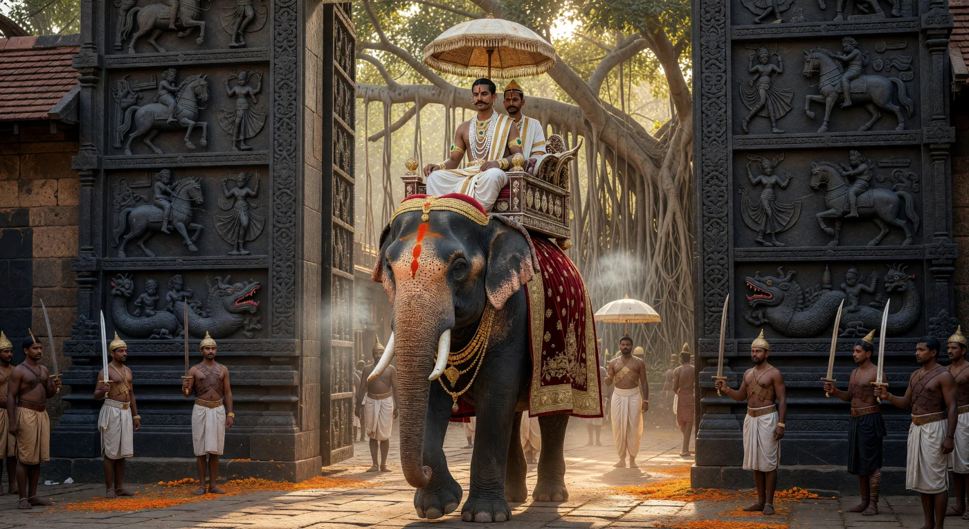 यह दृश्य 12वीं शताब्दी के होयसल साम्राज्य के वैभव को दर्शाता है, जिसमें एक विशाल भारतीय हाथी बारीक नक्काशीदार सोपस्टोन (schist) के भव्य नगर द्वार से गुज़र रहा है। गहरे लाल मखमल और सोने के आभूषणों से सुसज्जित यह हाथी एक शाही हौदे को ले जा रहा है, जिसमें रेशमी छत्र के नीचे एक कुलीन व्यक्ति विराजमान है। दक्षिण एशिया के मध्यकालीन इतिहास की यह सजीव झांकी उस युग की असाधारण वास्तुकला, उन्नत दस्तकारी और समृद्ध सामाजिक परंपराओं को प्रदर्शित करती है।