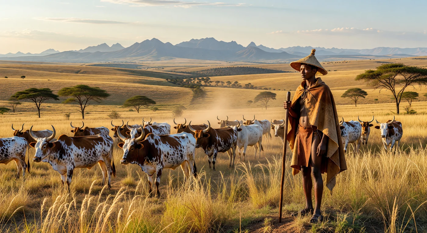 19世紀半ば、南アフリカの広大なハイベルトでは、独特な斑点模様を持つ先住のングニ牛が黄金色の草原を悠々と進んでいます。伝統的な草編み帽「モコロトロ」と牛革の外套を纏ったソト族の若者が、遠くにドラケンスバーグ山脈を望みながら、一族の富の象徴である家畜を静かに見守っています。この静謐な光景は、ムフェカネ（大移動）の動乱を経てソト王国が確立された時期の、土地と家畜に深く根ざした人々の生活と、工業化以前の雄大な自然の調和を鮮明に映し出しています。