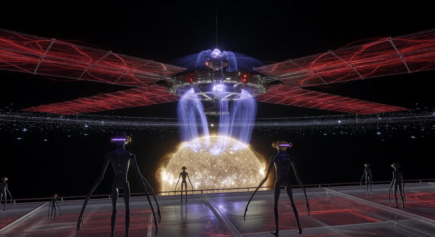 This scene illustrates a planetary-scale stellar lifting operation conducted by the Local Arm Federation during the Era of Cosmic Maturity (20,000–100,000 CE). In the foreground, "Hybrid" beings with fluid, nanite-based morphologies observe as a massive megastructure siphons hydrogen from a G-type star via shimmering magnetic flux tubes. To maintain thermodynamic equilibrium, enormous radiator wings stretching hundreds of kilometers glow a deep infrared red, shedding the immense waste heat generated by the harvesting process. This sophisticated engineering allows Type II civilizations to both harvest raw fusion fuel and prolong the life of their sun, ensuring stability across the deep-time horizons of the far future.
