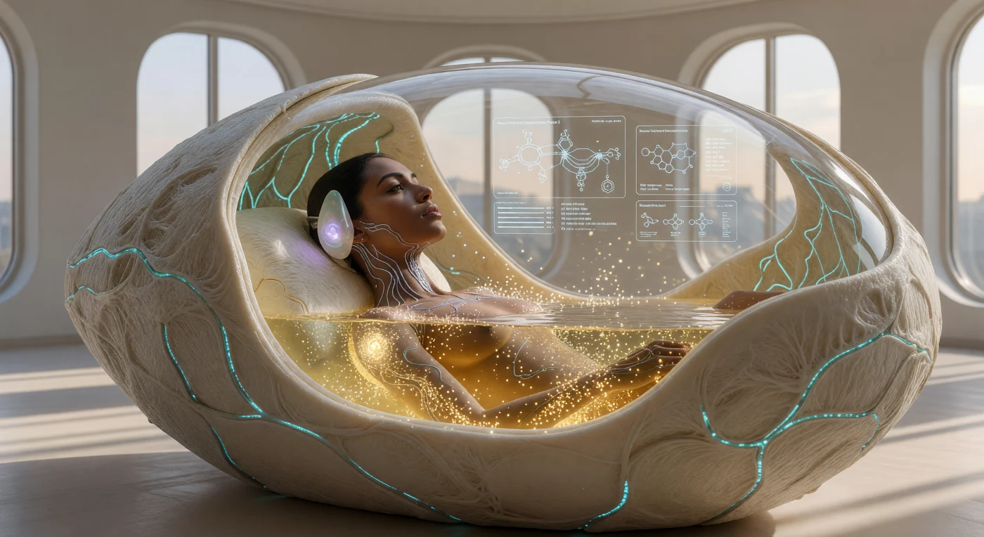 Set in the Lagos Green Hub circa 2082, this scene illustrates the pinnacle of medical intervention during the Augmented Dawn era. A patient undergoes sub-cellular restoration within a Soma-Flow Med-Pod, submerged in a bioluminescent, oxygen-rich fluorocarbon liquid that allows for direct pulmonary oxygenation without mechanical ventilation. Visible behind the patient’s ear is a pearlescent Synaptic Bridge, a neural-cloud interface that monitors vital data while invisible Aethel-class nanobots perform precise repairs, reflecting a future where the boundaries between biology and advanced technology have seamlessly dissolved.