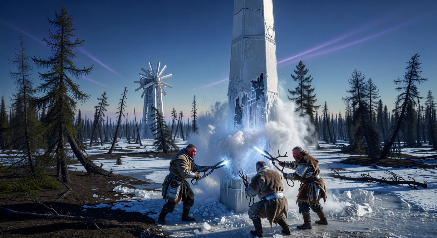 In the "drunken forests" of Northern Asia during the mid-21st century (c. 2040s), Naturalist Purist insurgents are depicted sabotaging a high-temperature superconducting power pylon during the era known as The Threshold. These individuals exhibit specialized biological adaptations for the sub-arctic climate, such as enhanced brown adipose tissue, while resisting the neural augmentations prevalent in contemporary urban centers. The surrounding environment features genetically engineered Carbon-Sink Larches, an obsidian-needled variant designed for maximum sequestration in the unstable, thawing permafrost of the Siberian interior.