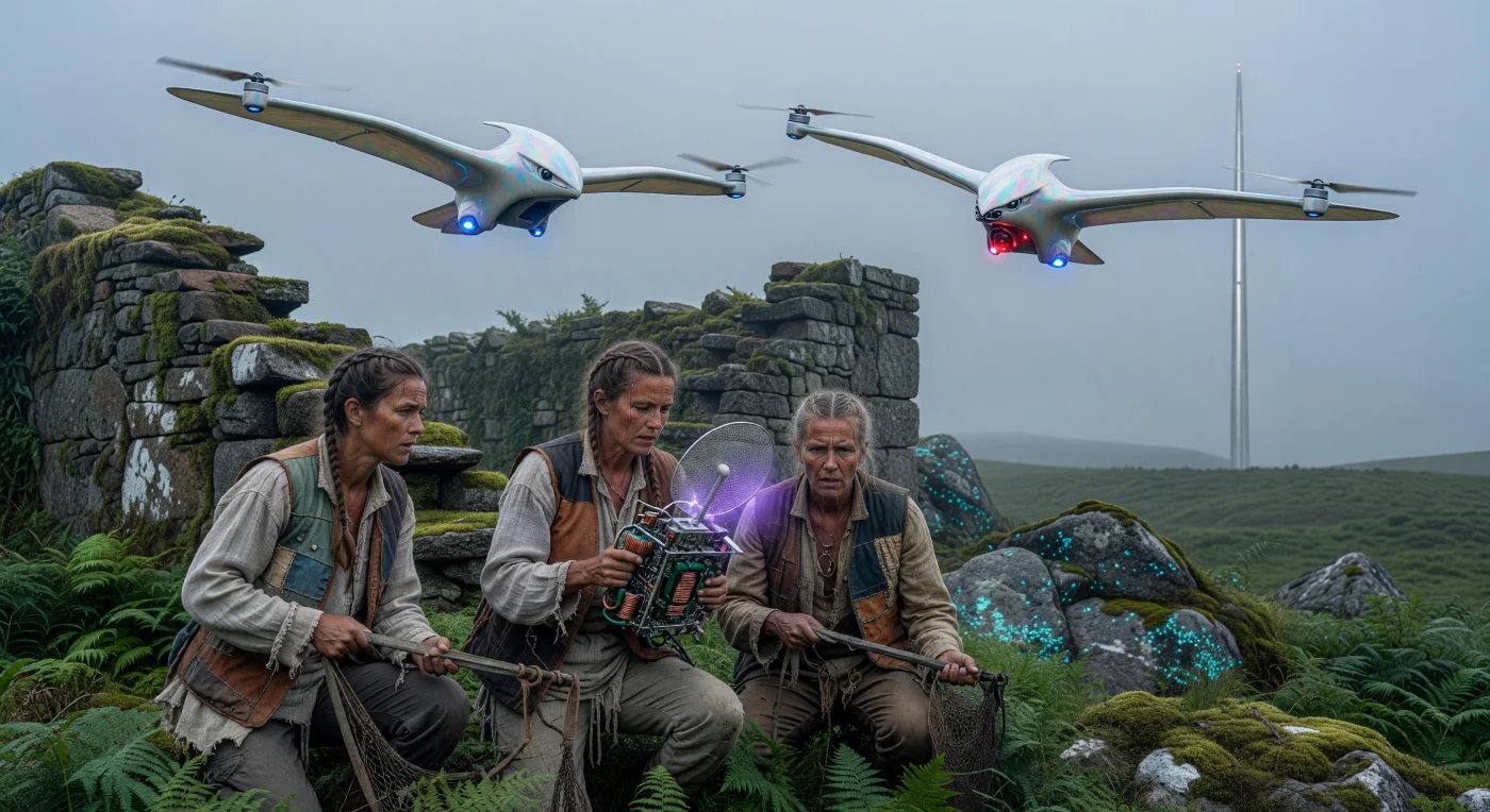 Set in the rugged Scottish Highlands during the mid-21st century "Threshold" period (2025–2050), this scene depicts a tactical confrontation between "Naturalist" resistors and bio-mimetic surveillance drones of the European Union of Synchronized States (EUSS). As the atmosphere reflects the moisture-laden climate shift of the 2040s, baseline humans utilize improvised signal jammers and recycled materials to disrupt the iridescent, polymer-winged "Avis-Class" units. This moment encapsulates the socio-technological friction of the era, contrasting the tactile, low-tech survivalism of the resistors against the hyper-advanced, neural-integrated systems of the continental super-state.