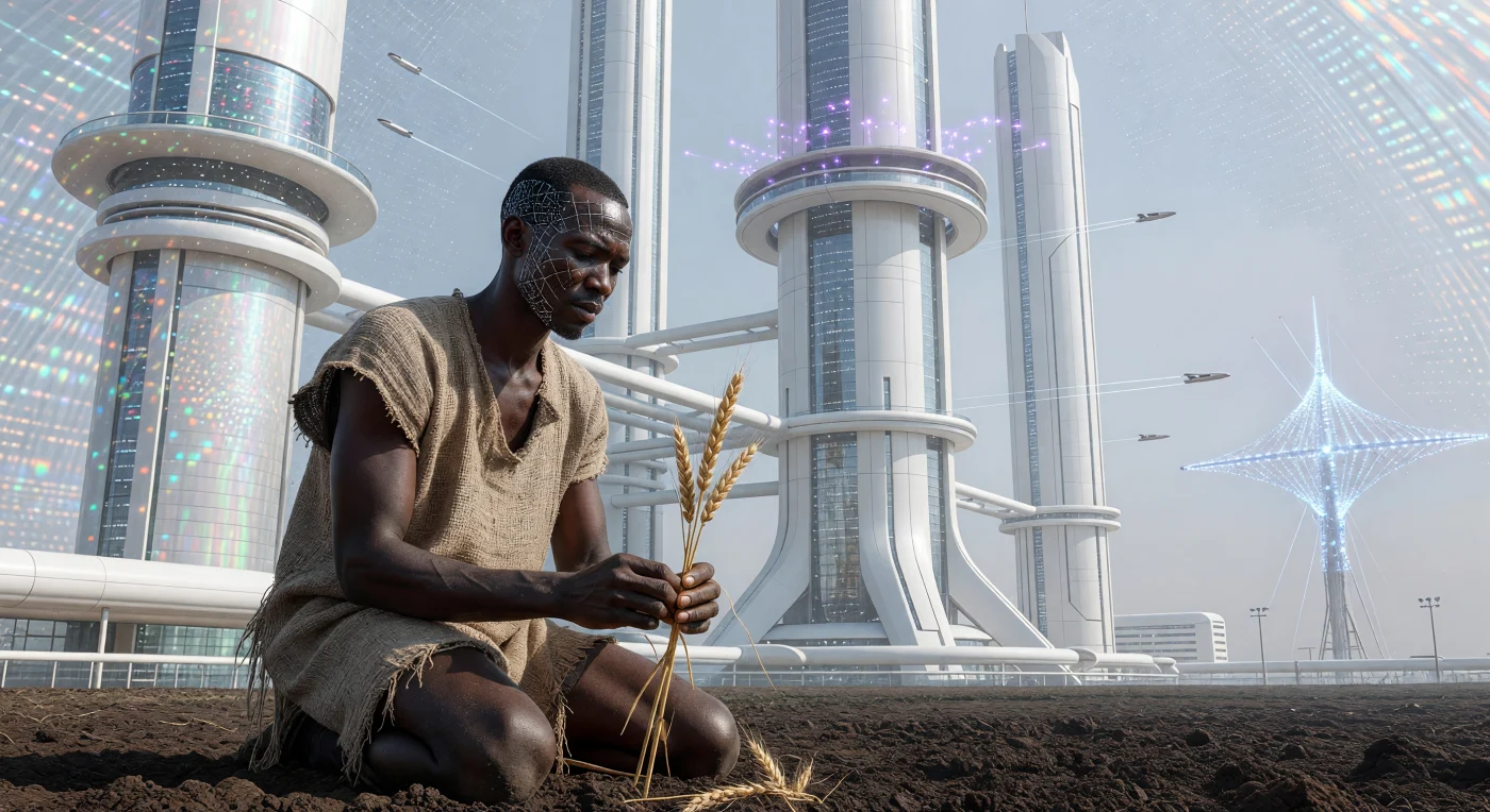 Set during the Great Divergence (2200–2500 CE), this scene depicts a "Naturalist" tending to a stalk of golden heritage wheat (*Triticum aestivum*) in a rare patch of unmanaged soil. In the background, the Neo-Nairobi arcology towers three kilometers into the sky, a marvel of photosynthetic glass and carbon-fiber composites typical of a Type I.V civilization. While most members of *Homo augmentus* communicate through silent neuro-optical bursts within the hyper-ordered city, Naturalists maintain a physical connection to Earth’s biological past beneath the shimmering protection of magnetic weather shields. This juxtaposition illustrates the profound cultural and evolutionary split between those integrated into the global quantum substrate and those preserving the organic legacy of the pre-digital era.