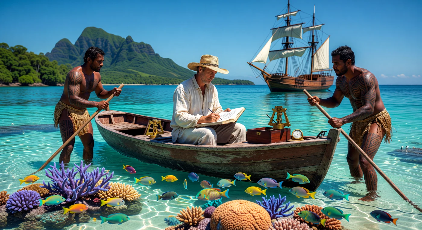 Sous le soleil radieux de 1845, un naturaliste européen consigne avec minutie la biodiversité d'un lagon du Pacifique, tandis que des marins polynésiens aux tatouages traditionnels stabilisent sa chaloupe au-dessus d'un récif de corail vibrant. Cette scène illustre l'âge d'or des grandes expéditions scientifiques, où la quête de savoir naturaliste s'appuyait sur les connaissances des peuples autochtones pour documenter des écosystèmes alors méconnus. Au loin, la silhouette d'un trois-mâts à l'ancre rappelle le rôle crucial de la marine à voile dans la connexion des mondes et l'essor des sciences naturelles durant l'ère des Révolutions.