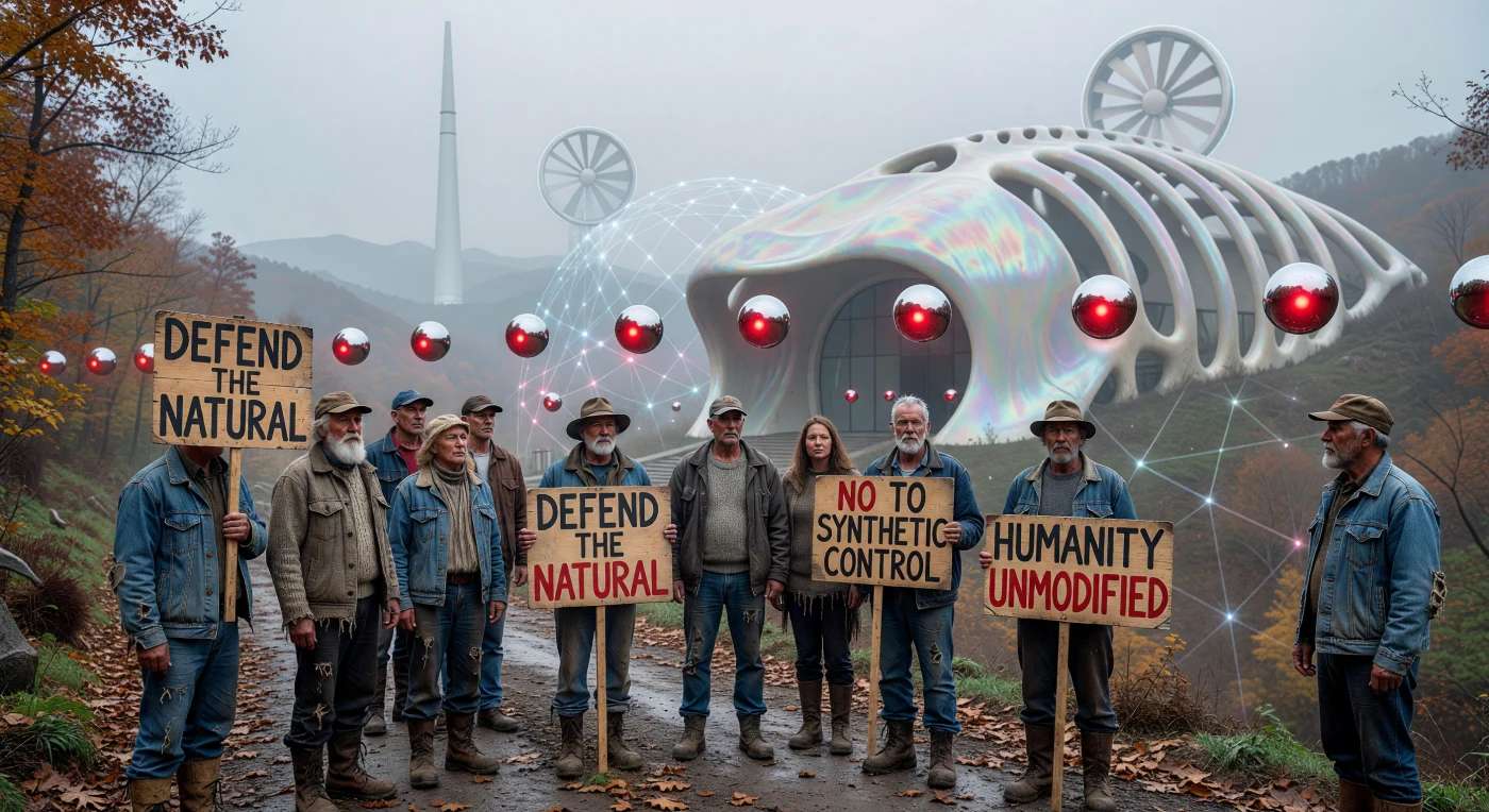 Im Jahr 2048 dokumentiert diese Szene in der Appalachen-Schutzzone den wachsenden sozio-biologischen Riss zwischen den „Unmodifizierten“ (Baselines) und der technokratischen Hegemonie der Panamerikanischen Föderation (PATF). Während die Demonstranten in traditioneller Wollkleidung vor einem biomorph gewachsenen Außenposten verharren, erfassen schwebende Sentiment-Sensoren ihre neurale Belastung als pulsierendes Rotsignal. Die monumentale Anlage zur Kohlendioxidfilterung im Hintergrund verdeutlicht den Übergang in die Ära des „Threshold“, in der das biologische Erbe der Menschheit unmittelbar auf die totale synthetische Integration der Biosphäre trifft.