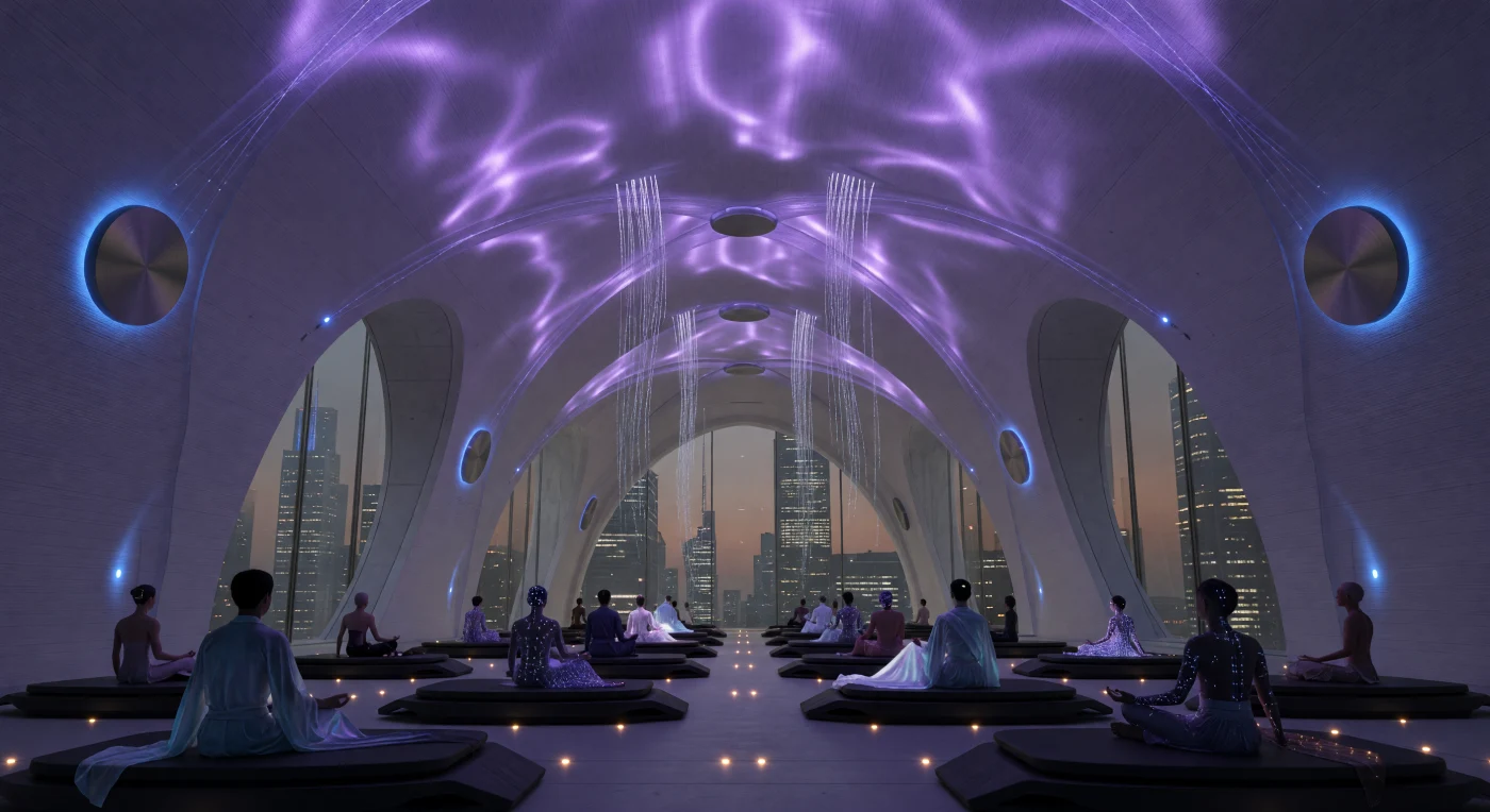 En el corazón del Amanecer Aumentado (2050–2100), esta vista de la Catedral de Datos de Neo-Tokio revela la cúspide de la arquitectura simbiótica: una nave de ochenta metros coronada por membranas bioluminiscentes y estabilizada mediante levitación magnética. Bajo este techo tecnológico, un grupo de practicantes poshumanos —caracterizados por sus proporciones estilizadas y matrices neuronales integradas— participa en rituales de "Ascensión Digital" sobre suelos de materia programable. Este entorno, purificado por sistemas de filtración de algas y construido con bioconcreto autorreparable, documenta el momento en que la ingeniería y la biología convergieron para redefinir la experiencia espiritual y evolutiva de nuestra especie a finales del siglo XXI.