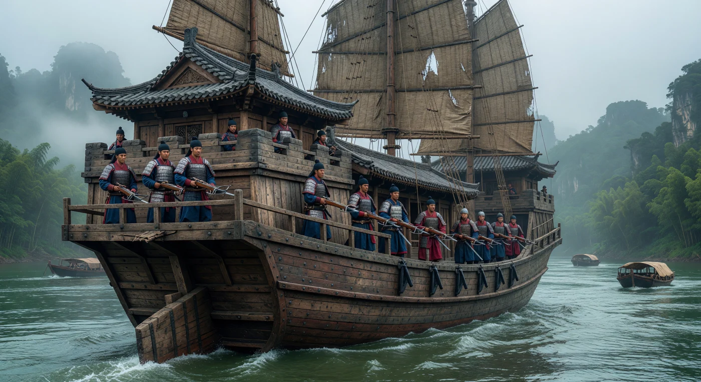 Una maestosa "Louchuan" (nave castello) a più ponti solca le acque nebbiose dello Yangtze, con i suoi bastioni in legno e le vele di bambù che emergono tra i picchi calcarei della Cina del III secolo. A bordo, soldati in armatura lamellare di ferro e armati di balestre in bronzo sorvegliano i confini imperiali, mettendo in mostra l'avanzata tecnologia navale e il rigore militare del periodo dei Tre Regni. Questa imponente sentinella fluviale, dotata di un moderno timone di poppa e scafi rinforzati, incarna perfettamente il potere e la tensione strategica dell'Asia orientale durante l'Antichità Tarda.
