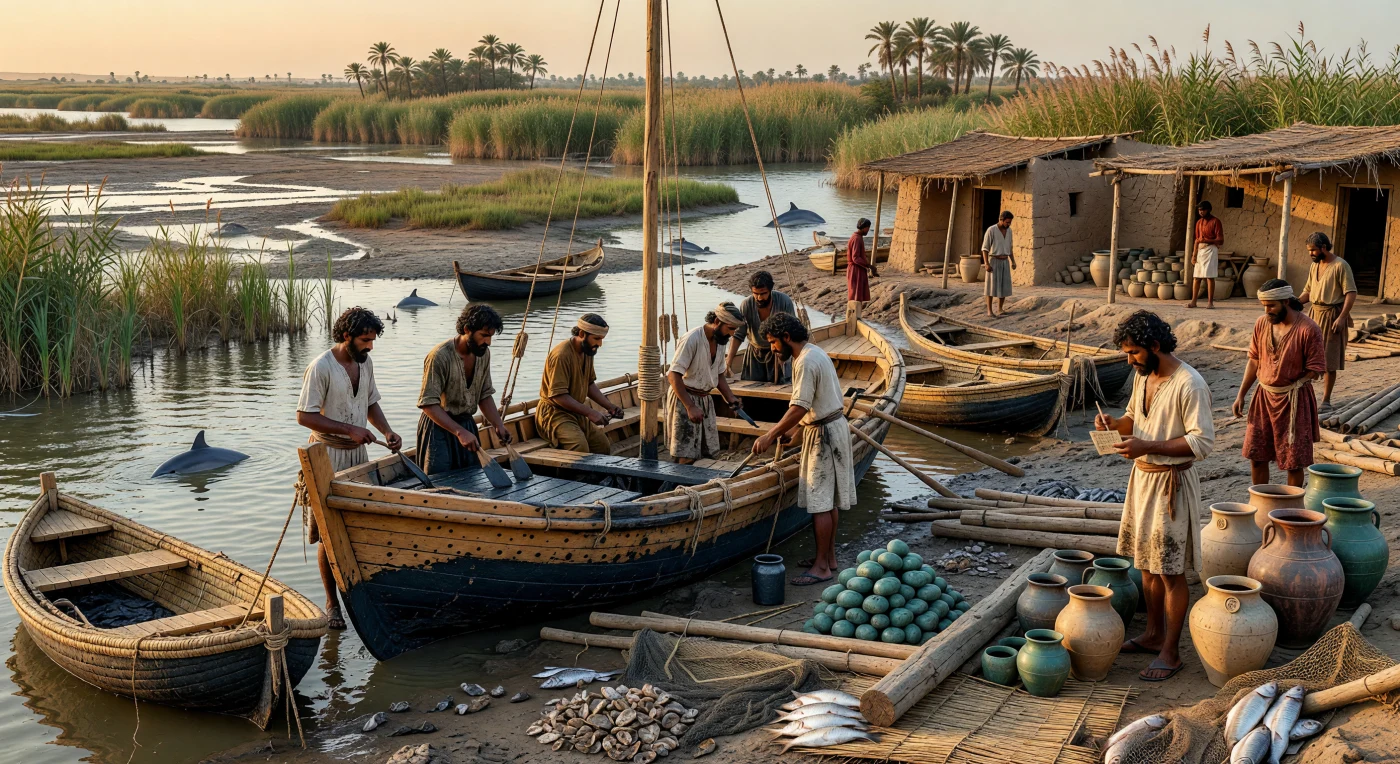 Sulle acque tidali dell’estuario mesopotamico, marinai sumeri e accadi in corte tuniche di lana spalmano bitume nero lucente tra le assi cucite di una nave mercantile dal fondo basso, mentre a riva attendono lingotti di rame, travi importate e grandi giare sigillate. La scena ricrea il tardo III millennio a.C., quando i porti del sud della Mesopotamia erano nodi vitali dei traffici con Dilmun, nel Golfo, collegando città come Ur e Lagash a reti commerciali che portavano metalli, legname e beni di lusso. Accanto alle barche di canne, tra reti bagnate, conchiglie e cefali appena pescati, un supervisore con tavoletta cuneiforme ricorda quanto il commercio fosse già organizzato, scritto e sorprendentemente internazionale.