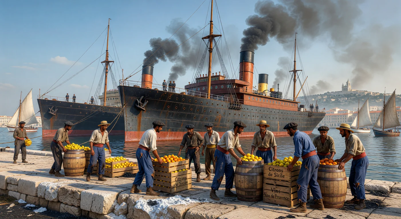 L'immagine cattura il fervore del porto di Marsiglia alla fine dell'Ottocento, dove imponenti piroscafi in ferro dai fumaioli neri svettano lungo banchine in pietra calcarea intrise di salsedine e polvere di carbone. Scaricatori di porto, vestiti con i tipici "bleus de travail" e fasce rosse in vita, movimentano casse di agrumi e barili di vino, simboli del dinamismo commerciale e delle disparità sociali che caratterizzarono l'Europa della Belle Époque. Sullo sfondo, la sagoma della basilica di Notre-Dame de la Garde domina un orizzonte dove la modernità industriale delle grandi navi a vapore convive con le antiche imbarcazioni da pesca, il tutto avvolto dalla vibrante luce dorata del pomeriggio provenzale.