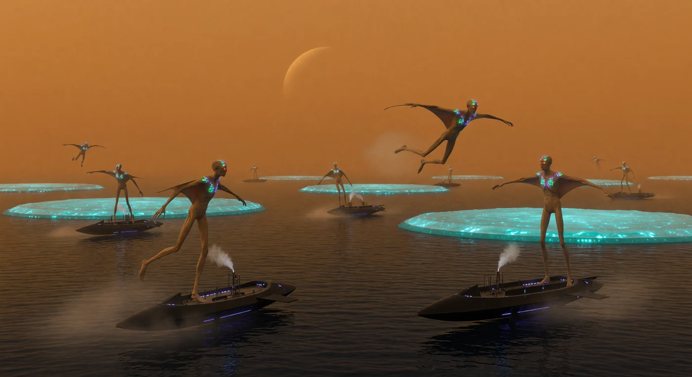 Durante l'epoca della Grande Divergenza (2200-2500 d.C.), le distese di metano liquido del Kraken Mare su Titano ospitavano colossali tappeti di batteri sintetici bioluminescenti, coltivati per filtrare minerali preziosi dalle profondità criogeniche. In questo panorama dominato da una densa foschia di talline, gli esemplari di *Homo adaptus*—discendenti umani bio-ingegnerizzati con arti allungati e membrane alari—solcano l'atmosfera pesante comunicando tramite impulsi luminosi epidermici. Le chiatte in fibra di carbonio e i reattori a fusione testimoniano l'avanzata tecnologia di una civiltà capace di prosperare a 94 K, trasformando un mondo alieno nel nuovo fulcro industriale e computazionale del sistema solare esterno.