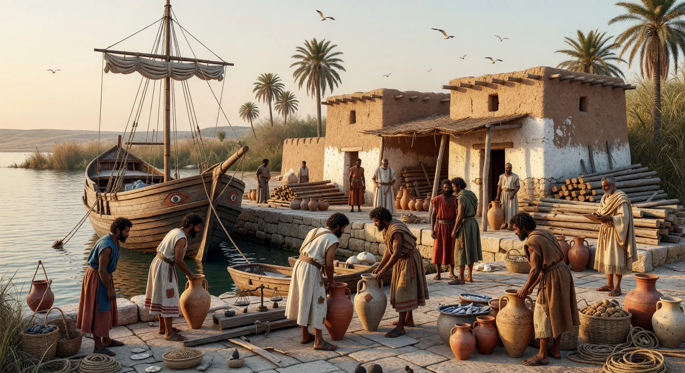 Sul porto di Cartagine, intorno al 600 a.C., scaricatori fenici e nordafricani lavorano fianco a fianco su una banchina di pietra, trasportando anfore di vino, olio e pesce salato da una larga nave mercantile dal profilo ricurvo verso magazzini di mattoni crudi. La scena mostra una delle prime fasi della città punica, quando Cartagine, fondata da coloni fenici, stava diventando un nodo commerciale decisivo del Mediterraneo occidentale. Le travi importate, le ceste, le bilance e i marchi dipinti sui recipienti evocano una rete di scambi che collegava il Levante, il Nord Africa e le coste insulari in un porto operoso e cosmopolita.