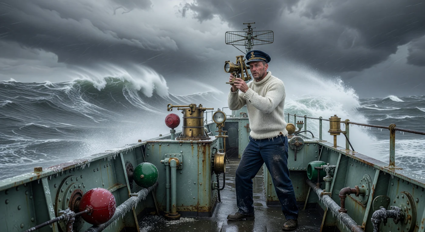 Un navigatore della Royal Canadian Navy sfida le intemperie sul ponte di un cacciatorpediniere classe Tribal nel 1943, tentando di determinare la posizione della nave con un sestante in ottone durante una burrasca nel Nord Atlantico. L'equipaggiamento visibile, dal pesante maglione di lana color crema alla primitiva antenna radar a rete, illustra la transizione tecnologica e le condizioni brutali affrontate dai marinai durante la Battaglia dell'Atlantico. Questa scena cattura vividamente la lotta quotidiana contro gli elementi, dove la perizia umana e gli strumenti analogici erano essenziali per la sopravvivenza tra le onde gelide.