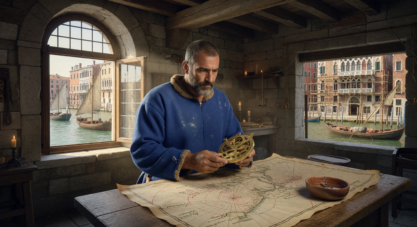 All'interno di un ufficio in pietra affacciato sul Canal Grande del XIII secolo, un pilota veneziano consulta attentamente una carta portolanica in pergamena, servendosi di un astrolabio in ottone e di una bussola ad ago magnetico. In questo periodo d'oro per la Repubblica di Venezia, l'integrazione di strumenti astronomici e mappe dettagliate fu fondamentale per stabilire il dominio commerciale e marittimo nel Mediterraneo. La scena cattura il momento in cui la navigazione medievale si trasformava in una scienza sofisticata, permettendo ai navigatori di tracciare rotte precise tra i nascenti palazzi gotici e i moli affollati della Serenissima.