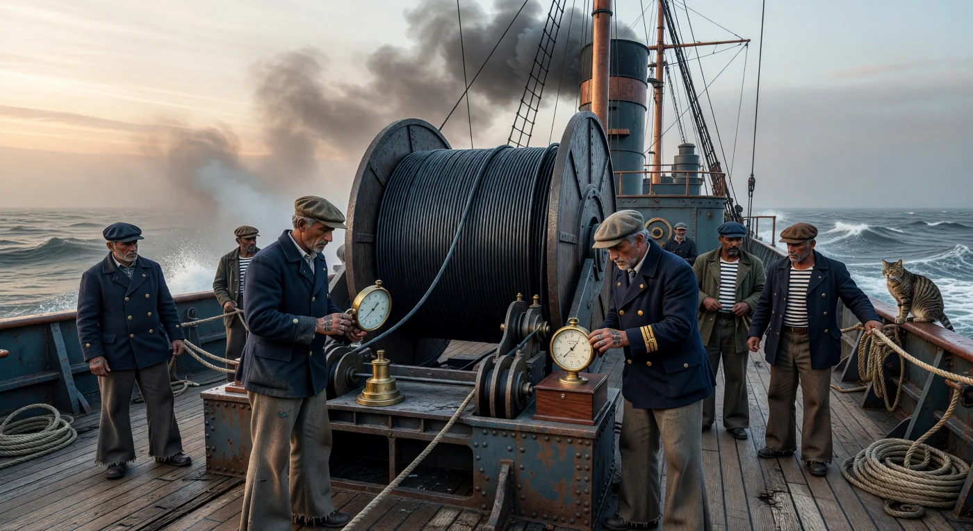 Nesta cena da década de 1890, marinheiros e engenheiros a bordo de um navio especializado monitorizam o desenrolar de um massivo cabo telegráfico transatlântico, isolado com guta-percha e guiado por complexos mecanismos de latão. O ambiente gélido do Atlântico Norte e a fumaça de carvão contextualizam a transição tecnológica da Belle Époque, onde a força industrial e o trabalho de tripulações multiculturais convergiam para conectar o globo. Este esforço monumental de engenharia submarina foi fundamental para o nascimento das comunicações globais modernas, reduzindo o tempo de transmissão de mensagens entre continentes de semanas para meros segundos.