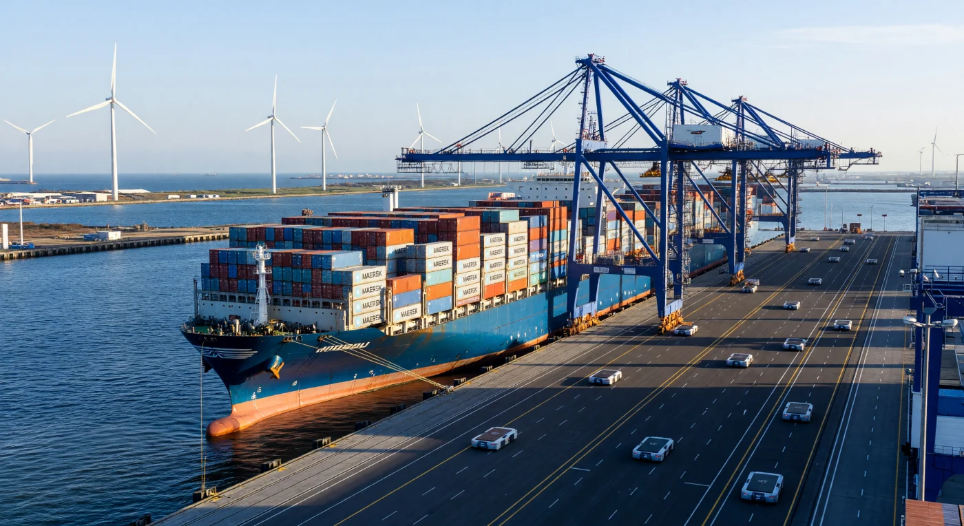 Esta vista panorâmica do terminal Maasvlakte 2, no Porto de Roterdão, captura a escala monumental da logística global em meados da década de 2020, onde navios de 400 metros são carregados por guindastes automatizados e veículos robóticos silenciosos. A ausência de figuras humanas e a presença de infraestrutura digital de ponta ilustram a transição para a automação total da Era Digital, transformando o transporte marítimo num processo de precisão algorítmica. No horizonte, as turbinas eólicas sobre o Mar do Norte completam o cenário, simbolizando o esforço europeu em unir a eficiência tecnológica à sustentabilidade ambiental.
