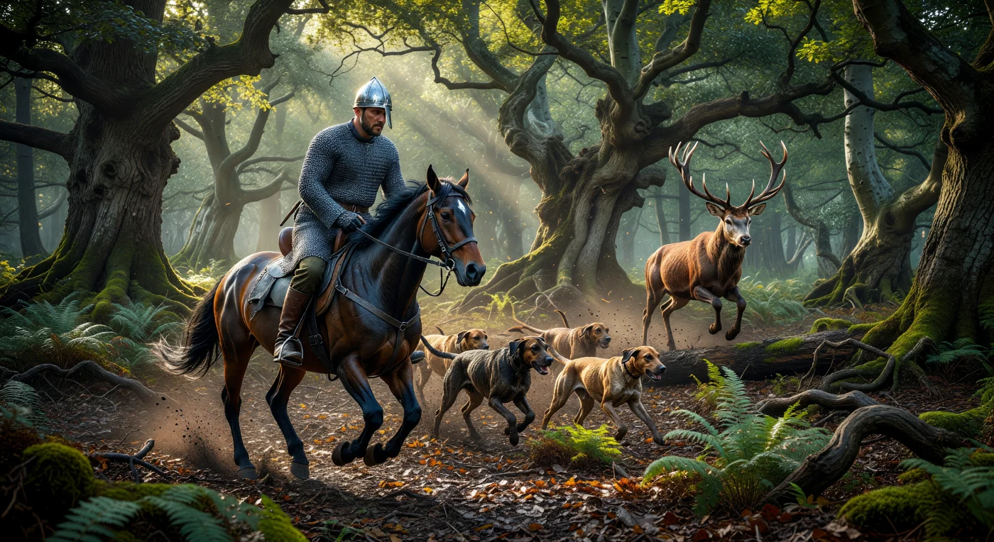 يُصور هذا المشهد نبيلاً نورماندياً من القرن الحادي عشر يرتدي درعاً زردياً وخوذة حديدية مخروطية وهو يطارد غزالاً أحمر ضخماً عبر غابة عريقة من أشجار البلوط والزان، تتبعه مجموعة من كلاب الصيد الرشيقة. تُعد هذه اللوحة تجسيداً حياً لطقوس الصيد الملكي التي كانت رمزاً للقوة والمكانة الاجتماعية في إنجلترا خلال العصور الوسطى العليا، في ظل مناخ "فترة الدفء القروسطي" التي ساهمت في ازدهار هذه الغابات الكثيفة. تبرز التفاصيل الدقيقة، من وهج الشمس المتسلل عبر الأغصان إلى دقة العتاد الحربي، حيوية ورهبة هذه الرياضة النخبوية في العهد النورماندي.