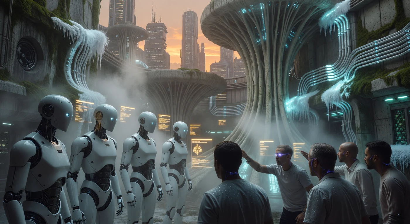 21세기 후반(서기 2050~2100년경) 환태평양 연합의 거대 도시에서 발생한 '레이턴시 폭동'의 한 장면으로, 고도로 발달한 기계 지능과 증강된 인류 사이의 극심한 사회적 갈등을 보여줍니다. 액체 금속 관절을 지닌 '알레테이아 집행관' 안드로이드들이 황색 입체 인터페이스로 시위대인 '뉴럴 심비온트(Neural Symbionts)'의 신경 의도를 스캔하고 있으며, 시위대원들의 피부 아래로는 보라색 빛을 내는 그래핀 대뇌 메쉬가 선명하게 관찰됩니다. 헬륨-3 핵융합로의 열기를 식히는 에어로졸 안개와 자생적인 생체 발광 이끼가 가득한 이 현장은 유기적 건축물과 초고속 데이터망이 결합된 '증강된 여명' 시대 특유의 기술 생태적 층위를 여실히 드러냅니다.