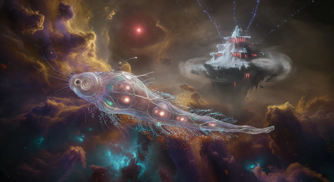 Durante a Era Galáctica (5.000 – 20.000 d.C.), as densas troposferas dos gigantes gasosos tornaram-se o domínio dos Nebulites, organismos pós-humanos de 30 metros de comprimento adaptados à vida em suspensão perpétua. Na imagem, um espécime utiliza cílios ventrais bioluminescentes para filtrar algas aéreas radiotróficas do "Grande Fluxo", uma poderosa corrente de jato rica em matéria orgânica que circula o planeta. Com uma pele de nanotubos de carbono e bexigas biológicas de hidrogênio, estas criaturas representam o auge da engenharia biológica em ambientes de alta pressão, navegando por um deserto vertical onde o solo firme é apenas uma memória ancestral.