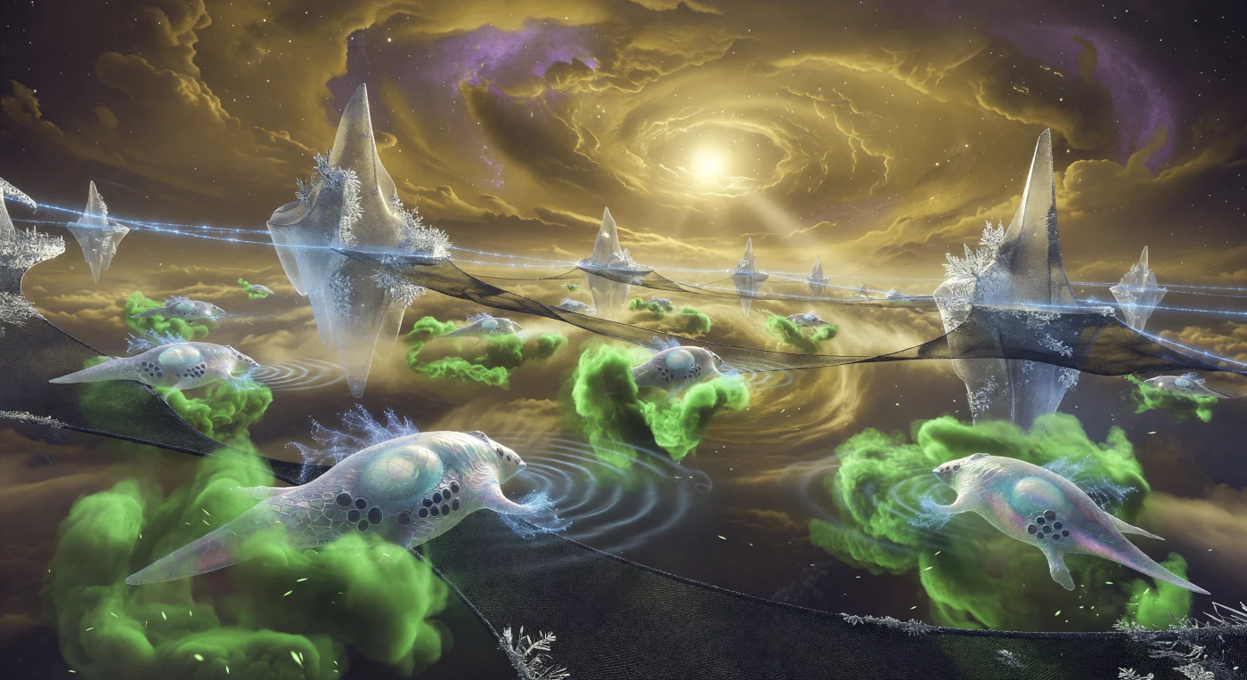In the churning upper atmosphere of a Jovian-class gas giant, 30-meter-long post-human Nebulites guide luminous blooms of radiotrophic sky-algae toward massive graphene sifting-nets. Set during the Galactic Age (approximately 5,000–20,000 CE), this scene illustrates a Kardashev Type II civilization harvesting organic nutrients and rotational energy from the planet’s high-pressure troposphere. These engineered spindle-shaped organisms utilize internal hydrogen bladders for buoyancy and high-frequency sonar pulses to navigate the dense, -40°C environment. Suspended between kilometer-long aerogel spires, the harvesting infrastructure is powered by electrodynamic tethers that convert the planet’s orbital velocity into electrical current.