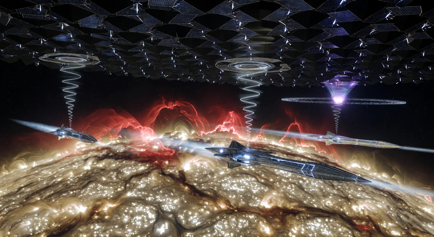 During the Horizon Era, approximately 100,000 to 1,000,000 years into the future, post-biological civilizations known as Substrate-Independent Beings (SIBs) transitioned to stellar-scale energy harvesting. These needle-thin "Skimmers" utilize Lorentz-force stabilizers to surf the turbulent plasma granules of a G-type star’s photosphere, siphoning hydrogen via magnetic confinement to fuel a surrounding Dyson Swarm. This technological landscape represents the peak of Kardashev Scale 2.8 development, where the total energy output of a star is managed by a lattice of computronium-based entities existing within a thermally optimized vacuum.