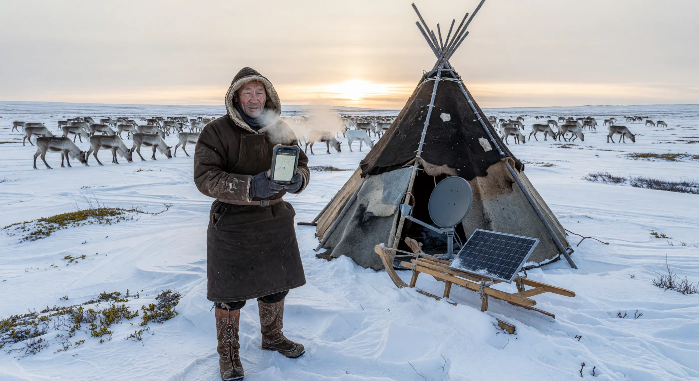 On the windswept Yamal Peninsula, a Nenets reindeer herder consults a rugged GPS-enabled smartphone while standing beside a traditional reindeer-hide *chum* outfitted with a solar panel and satellite dish. This juxtaposition highlights the resilience of nomadic cultures in Northern Asia during the early 21st century, where digital tools have been seamlessly integrated into ancestral survival strategies. Such technology allows for precise herd management and vital connectivity across the vast, sub-zero expanse of the Siberian tundra.