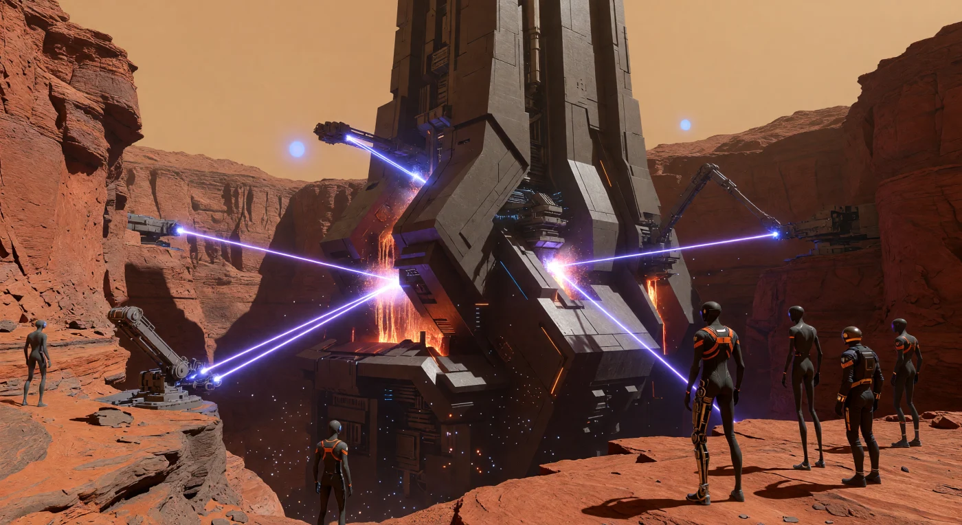 In de jaren 2340, tijdens de Grote Divergentie, klieven industriële lasers door het ijzerrijke basalt van de Valles Marineris om een gigantische neo-brutalistische kathedraal rechtstreeks uit de Martiaanse korst te vormen. Op de voorgrond observeren de 'Void-Born' architecten het werk; hun opvallend langgerekte lichamen en grafeen-pakken getuigen van generaties aan fysiologische adaptatie aan de lage zwaartekracht van Mars. Dit monumentale project illustreert de ambitie van de mensheid in de 24e eeuw om een onuitwisbare, fysieke stempel te drukken op de rode planeet, ver verwijderd van hun aardse oorsprong.