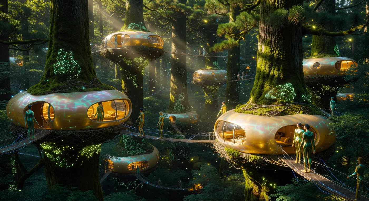 太陽系拡張期（西暦2500〜3000年）の「遺産庭園」と化した地球では、高さ400メートルに達する遺伝子改変スギ（*Cryptomeria*）の巨木群が、かつての都市遺構を包み込む新たな極相林を形成しています。樹冠に直接織り込まれた半透明の「バイオ・キチン」製住居は、人類が自然への負荷を最小限に抑える「負の成長」を選択したポスト・プラネタリー時代の建築様式を象徴しています。重力制御された歩道が青く光る中、放射線耐性を持つ「ヴォイド・ボーン」の帰還者たちが、霧状のナノマシンによって維持されるこの壮大な垂直生態系の中で、生命の新たな地質学的階梯を歩んでいます。