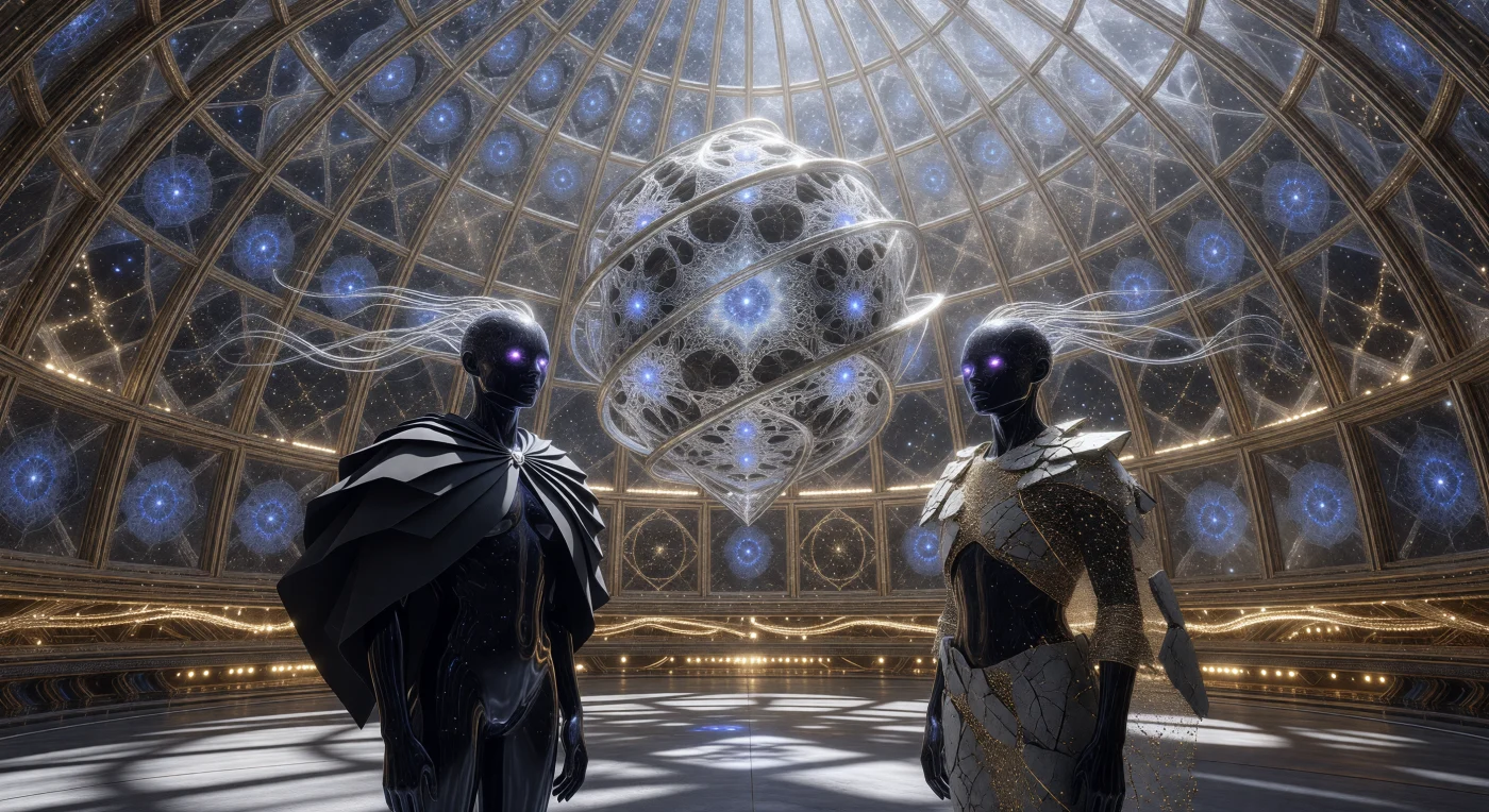 Nesta imensa catedral de observação em uma Esfera de Dyson, dois Neo-Mortais pós-biológicos contemplam a "Pilha-Glifo do Paradoxo da Finalidade", uma escultura quadridimensional de luz de mercúrio que codifica a memória cultural de sua espécie. Situada no período d'O Horizonte (c. 100.000 – 1.000.000 d.C.), a cena exemplifica a era da Consolidação Transmaterial, onde a distinção entre biologia e tecnologia desapareceu em favor de corpos de obsidiana polida e sistemas sensoriais de espectro total. A arquitetura monumental de nanotubos de carbono e os filamentos neurais brilhantes revelam uma humanidade que, em um futuro remoto, deixou de apenas habitar o cosmos para orquestrar fisicamente as leis da matéria e da luz.