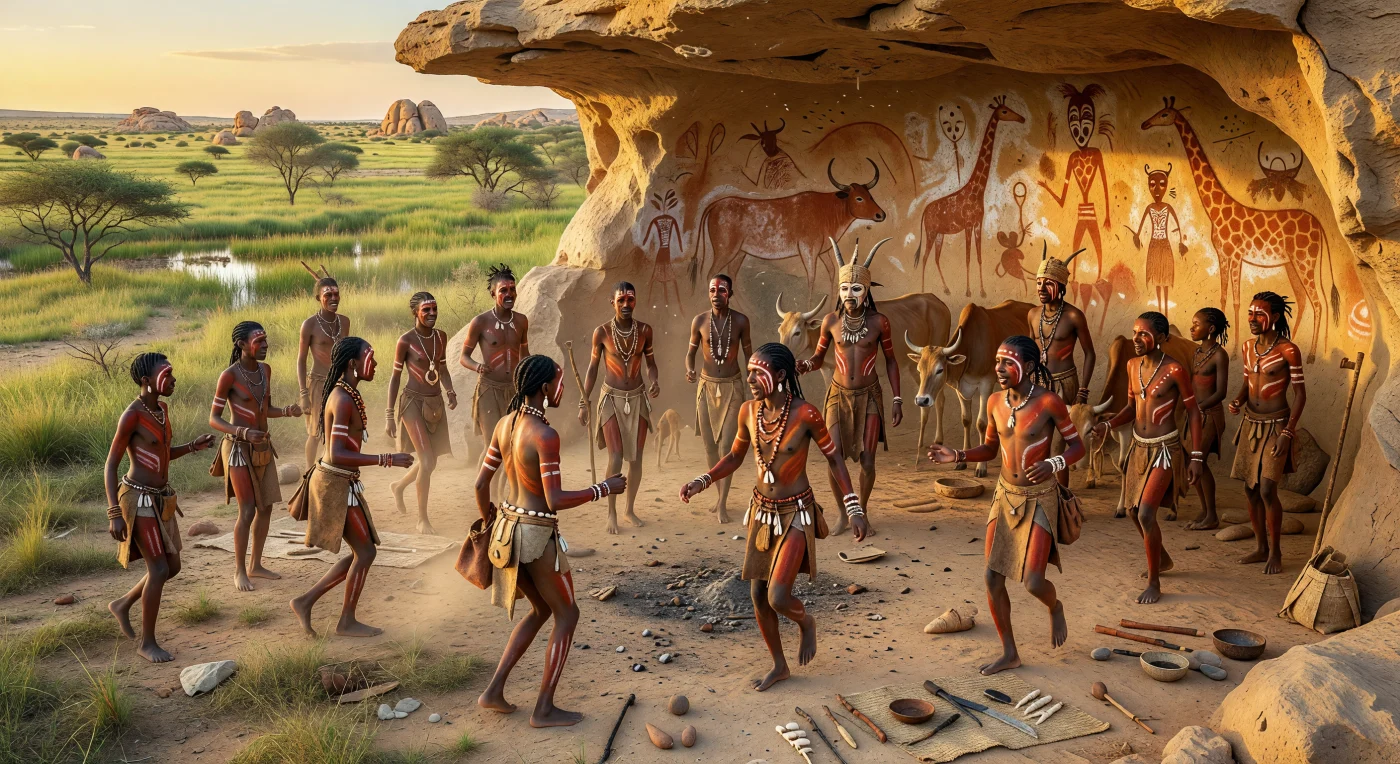 At dusk in the greener Sahara of the 5th millennium BC, herders and foragers gather before a sandstone shelter in the Tassili n’Ajjer to perform a communal dance, their bodies marked with red and white mineral pigments and adorned with ostrich-eggshell beads. Behind them, painted cattle, giraffes, and elongated ritual figures evoke the celebrated rock art of the region, created during the African Humid Period when grasslands, seasonal wetlands, and early pastoral lifeways spread across what is now desert. The scene reflects a world in which ritual, herding, and artistic expression were closely intertwined in Neolithic North Africa.