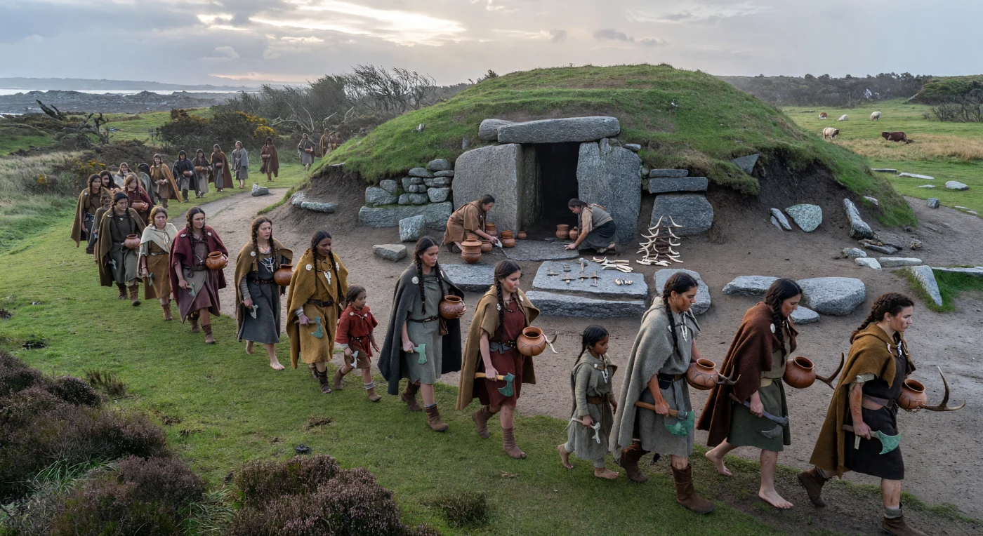 A line of villagers approaches a turf-covered passage tomb beneath a grey Atlantic sky, carrying pottery, polished stone axeheads, and antler offerings toward the narrow entrance framed by massive granite slabs. Such monuments, built in western Europe during the 4th millennium BC, were not isolated graves but enduring ceremonial places tied to ancestor veneration, communal memory, and long-distance exchange. The clothing, tools, and architecture here reflect a late Neolithic world of farming communities whose ritual life centered on earth, stone, and carefully curated offerings rather than metal or writing.