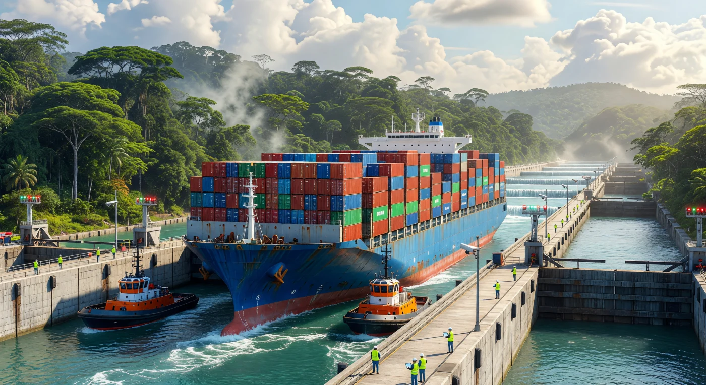 Een gigantisch NeoPanamax-containerschip met een diepblauwe romp manoeuvreert door de indrukwekkende Cocolí-sluizen, geflankeerd door moderne sleepboten die de traditionele locomotieven hebben vervangen. Deze uitbreiding van het Panamakanaal uit 2016 vormt een cruciale schakel in de wereldwijde logistiek van het digitale tijdperk, waarbij schepen van enorme omvang de tropische landengte doorkruisen. Terwijl digitale systemen en tablets de complexe operatie bewaken, weerspiegelen de enorme betonnen muren en waterbesparende bassins de technologische vooruitgang te midden van het dichte Panamese regenwoud.