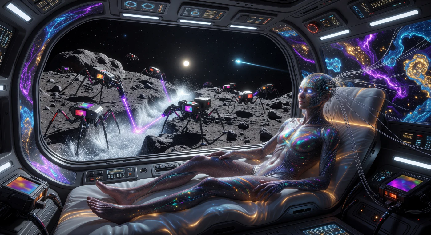 During the era of the Convergence (c. 2100–2200 CE), "Litho-Sapien" operators used neural interfaces to manage autonomous mining swarms across the Main Asteroid Belt. This scene depicts an operator perceiving an asteroid’s mineral wealth through a synesthetic augmented-reality overlay while hexapedal "Exo" drones harvest water-ice with high-intensity lasers. The operator’s elongated proportions and iridescent, melanin-infused skin represent specialized biological adaptations for life in microgravity and high-radiation environments. Through the reinforced viewport, sublimating ice plumes glitter against the vacuum, marking the extraction of the solar system’s most precious commodity for the fusion-powered economy.