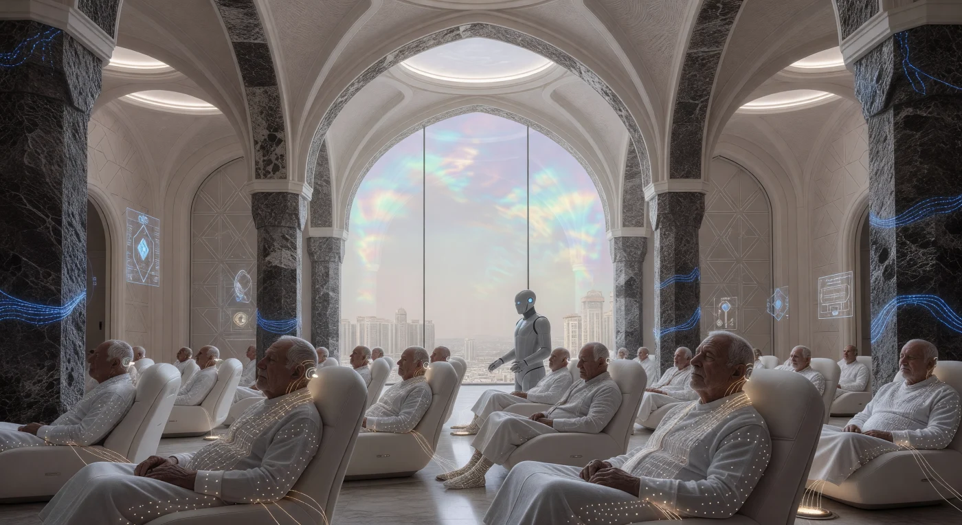 In the mid-21st century (c. 2042), during the era known as The Threshold, elderly pilgrims participate in a "Meta-Hajj" within a climate-controlled hall in Mecca. Seated in gravity-neutral cradles and wearing white bio-mesh haptic suits, these worshippers utilize Grade 4 Neural-Link implants to connect to the Abrahamic Quantum Network, experiencing the spiritual journey through direct high-fidelity sensory data. The architecture, constructed from 3D-printed lunar basalt, stands beneath a sky transformed by stratospheric aerosol injection, illustrating the profound fusion of ancient religious tradition and the advanced "Photon Age" technologies of the Solar Crescent.