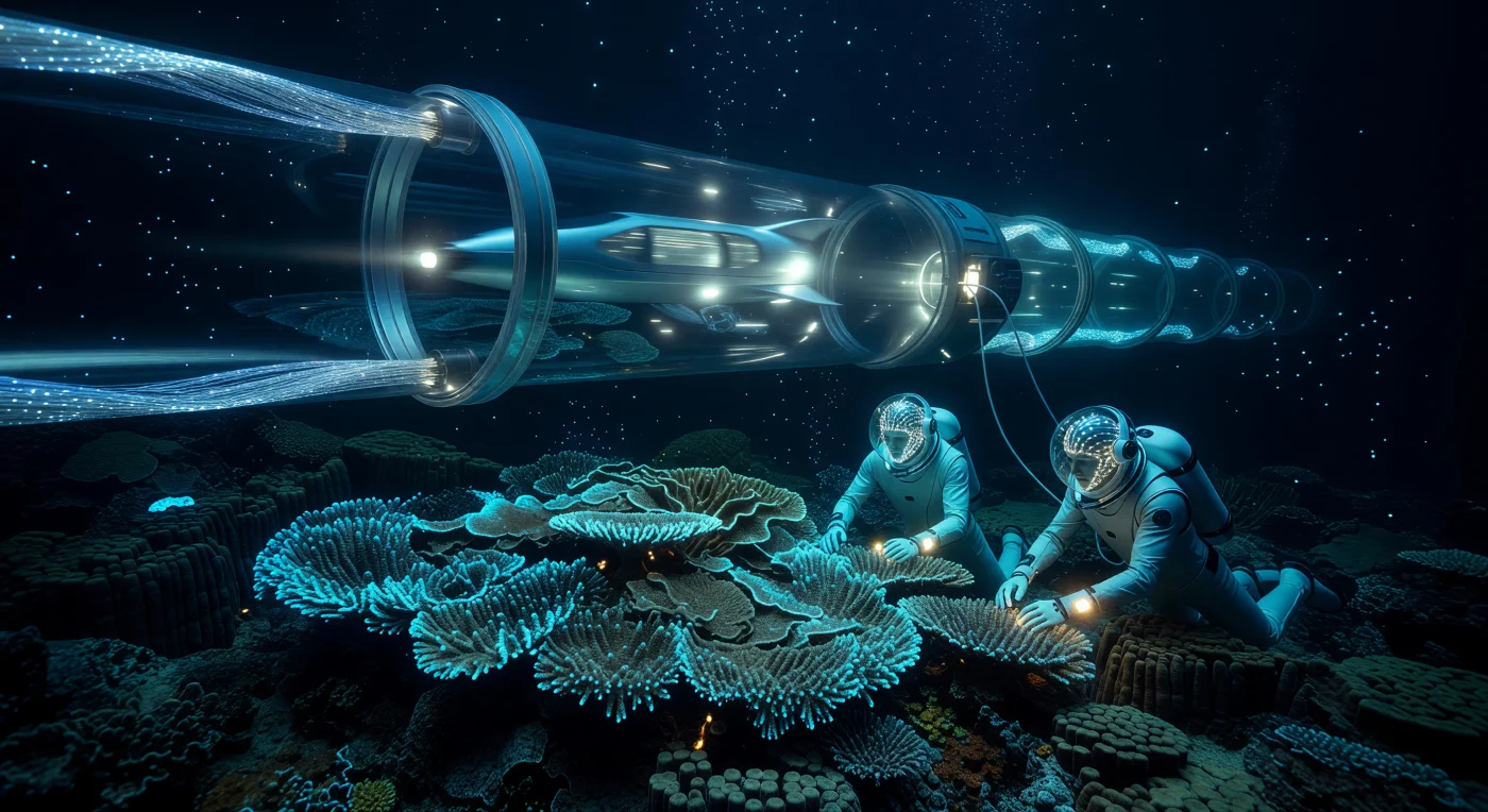 Set in the abyssal Pacific during the Augmented Dawn (c. 2050–2100), this scene depicts Neural Symbiont divers maintaining genetically engineered bioluminescent coral reefs at a depth of 3,000 meters. These cyan-glowing organisms provide structural support and ecological stability around a Trans-Pacific Vacuum Tube, a massive hypersonic maglev conduit anchored to the basaltic seafloor by superconducting carbon-nanotube tethers. This synergy of high-energy technology and synthetic biology illustrates the Techno-Pacific Alliance’s mastery over the deep-sea environment through advanced materials and direct neural-digital interfaces.