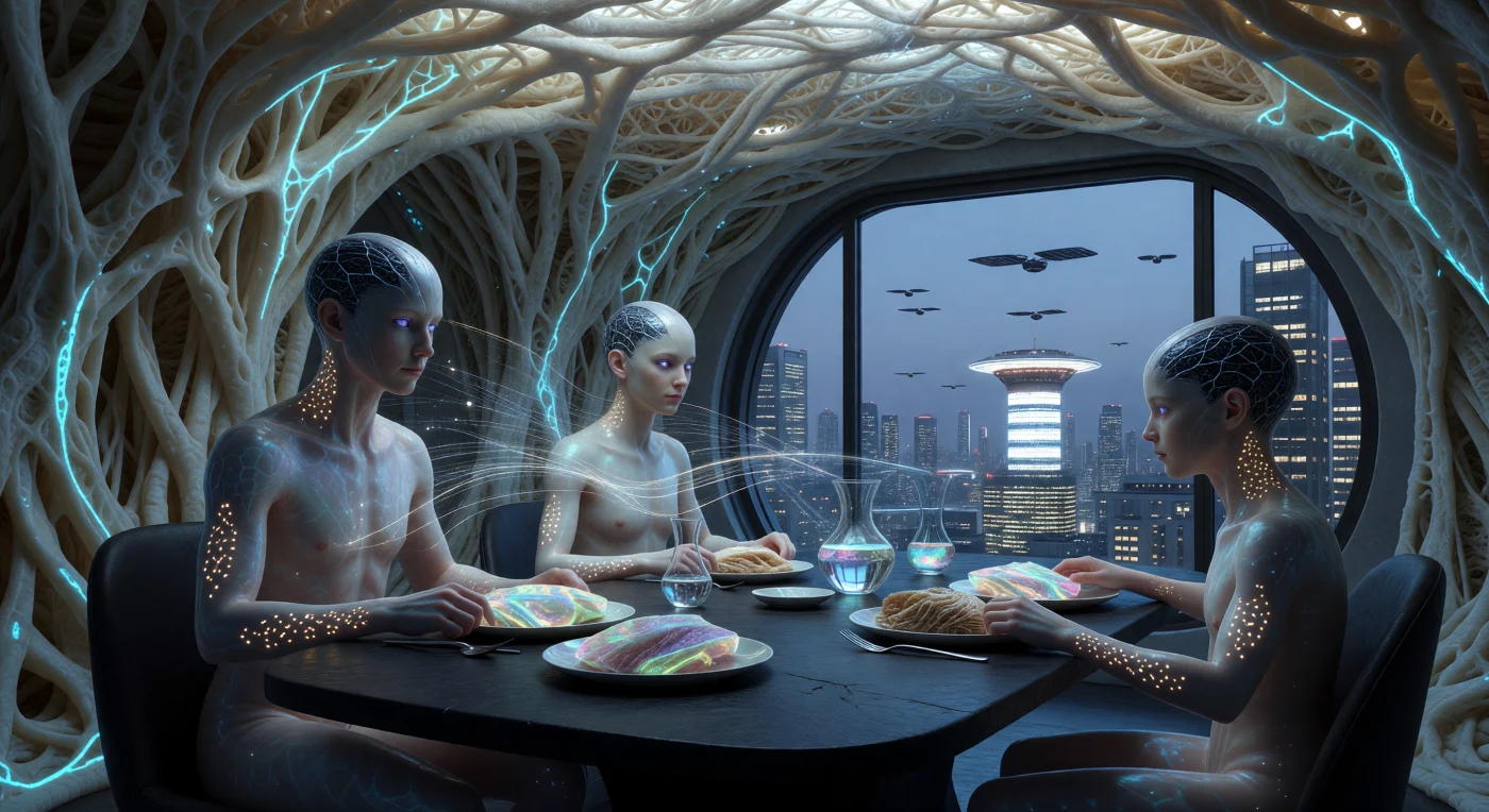 In der Ära des „Erwachten Morgenrots“ (2050–2100) zeigt diese Momentaufnahme eine Familie von Neuralen Symbionten der Techno-Pazifischen Allianz bei einem lautlosen Abendessen. Diese post-biologischen Wesen kommunizieren nicht mehr über herkömmliche Sprache, sondern über hochfrequente Datenimpulse ihrer zerebralen Graphen-Netze, während ihre subdermalen Tätowierungen im Takt ihrer neuronalen Aktivität pulsieren. Unter einer Decke aus lebendem, strukturellem Myzel konsumieren sie im Labor gezüchtete Proteine – ein Zeugnis einer hochgradig integrierten Zivilisation, die durch Helium-3-Fusion und die Verschmelzung von biologischem Bewusstsein mit globalen KI-Netzwerken eine neue Stufe der anthropogenen Evolution erreicht hat.